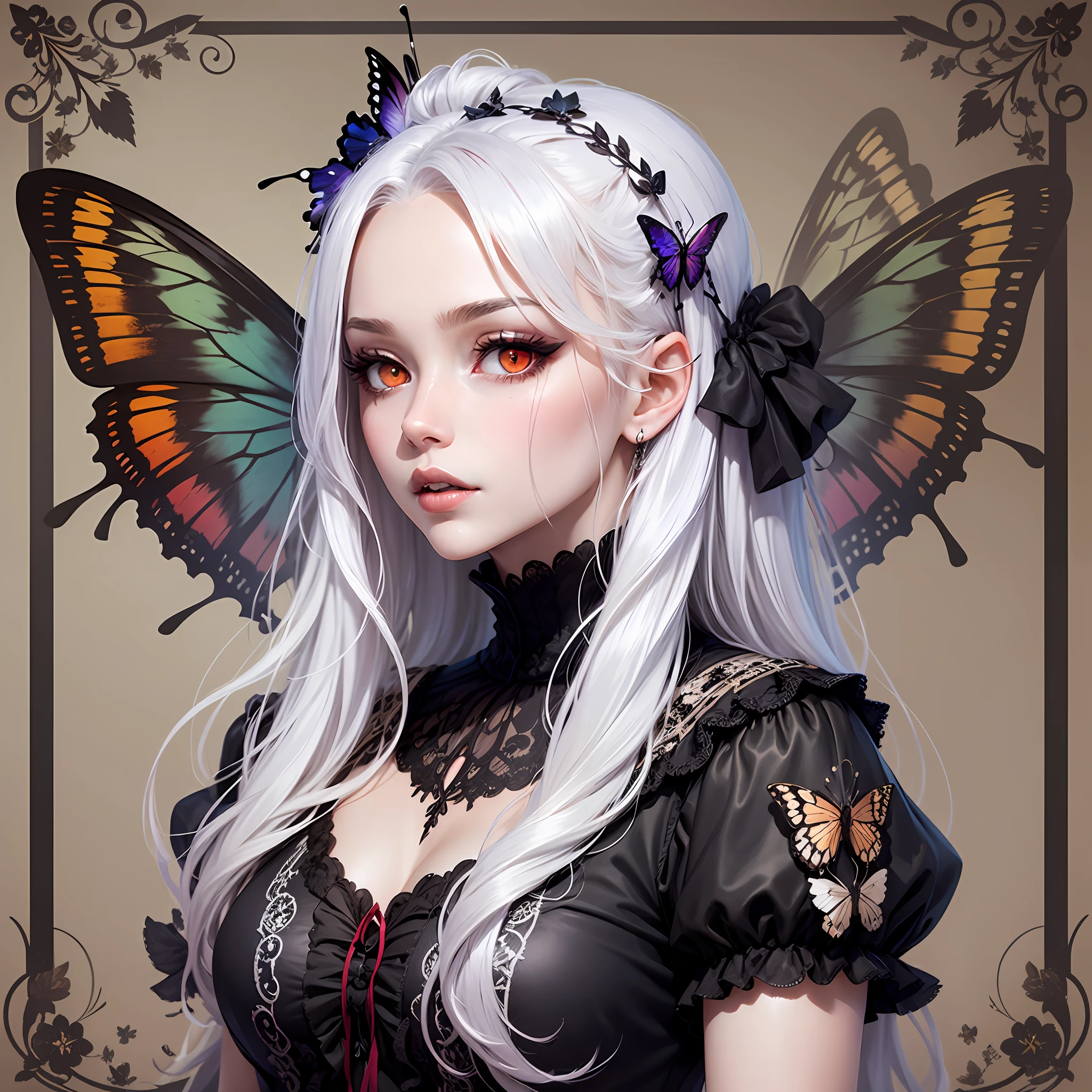 Character Sheet, Concept, Official Art, Full Height, Boyfriend, Gothic Style, Butterflies in Hair, Long White Hair, Dark Makeup, Red Eyes, 1:1 --auto --s2
