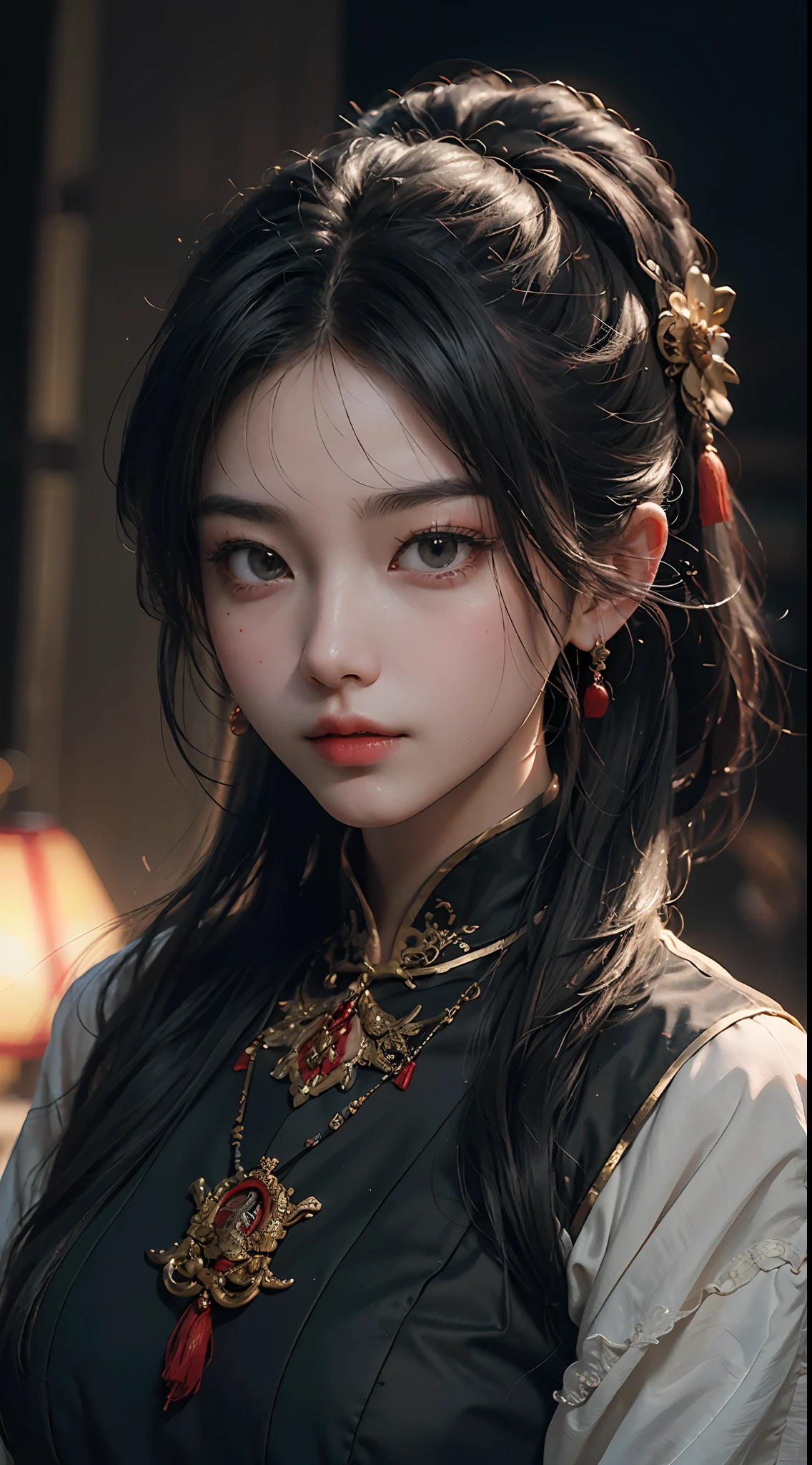 Best quality, (RAW photo: 1.2), (Masterpiece: 1.4), (Realism: 1.4), (High resolution: 1.4), Chinese actress Guli Naza, depth of field, intricate details, 8k, very detailed, perfect lighting, epic background, black tang costume