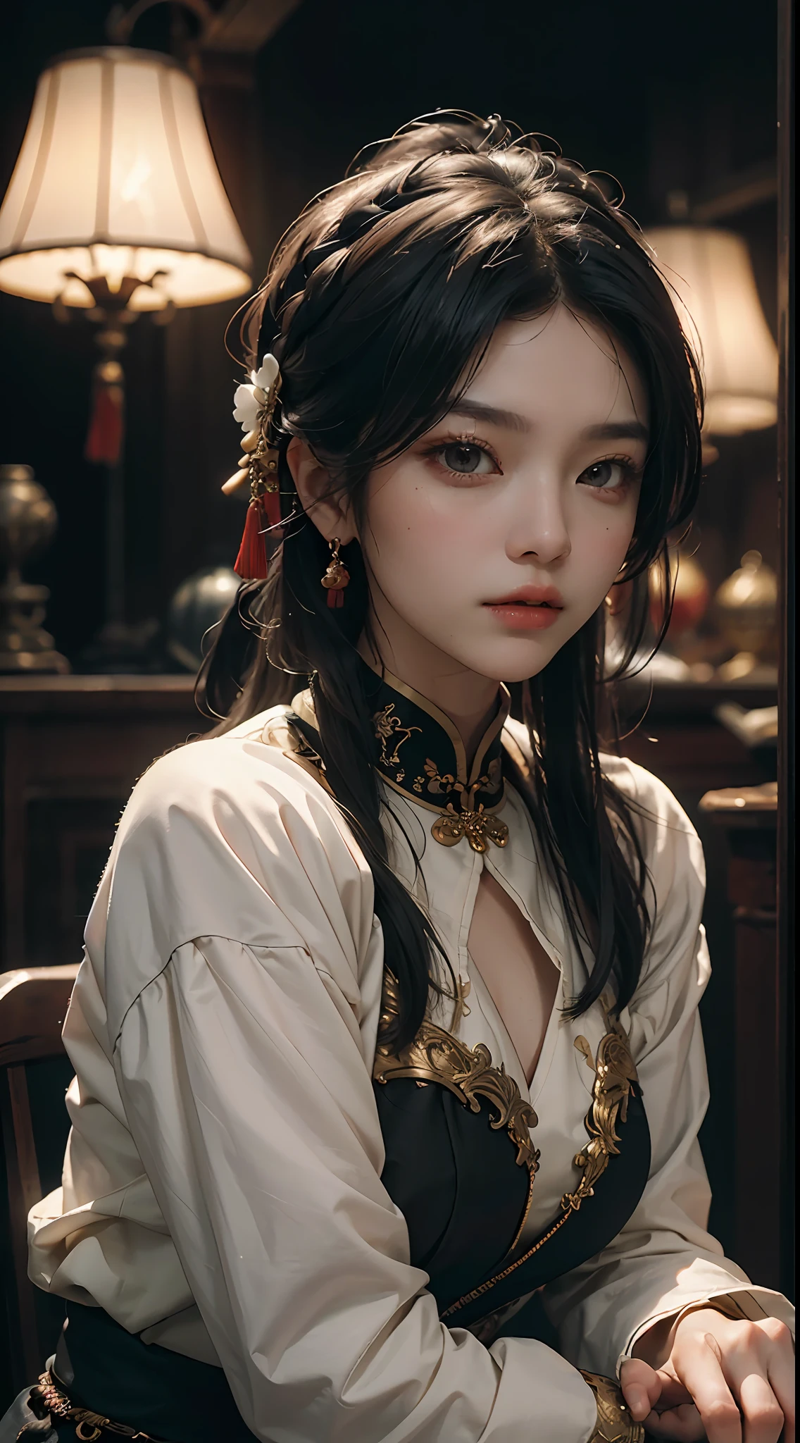 Best quality, (RAW photo: 1.2), (Masterpiece: 1.4), (Realism: 1.4), (High resolution: 1.4), Chinese actress Guli Naza, depth of field, intricate details, 8k, very detailed, perfect lighting, epic background, black tang costume