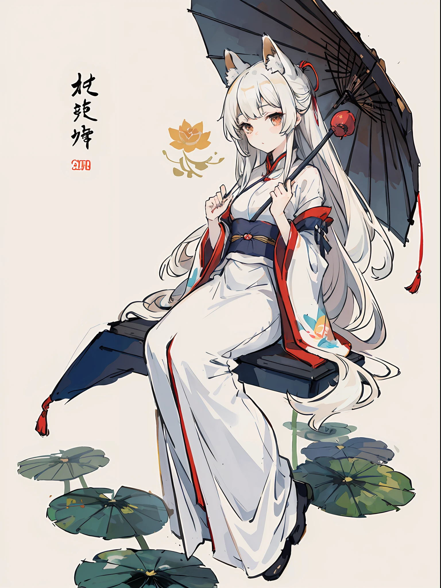 ((4k,masterpiece,best quality)), shuimobysim, Chinese painting, lotus, hanfu, maxiskit, dressed conservative 1 woman,absolutely beautiful, solo, long white hair, fox ears, white, fish, oil-paper umbrella,