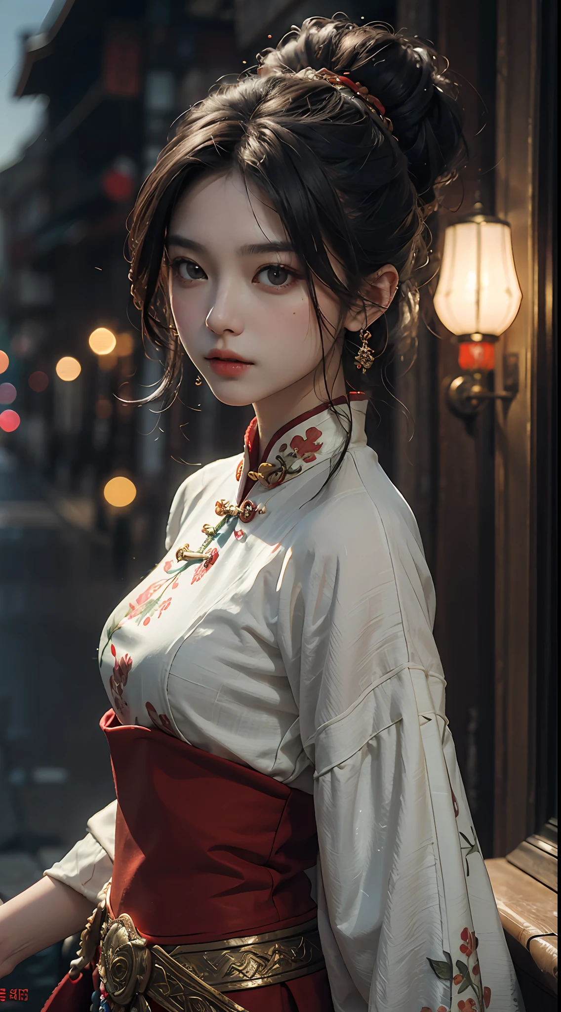 Best quality, (RAW photo: 1.2), (Masterpiece: 1.4), (Realism: 1.4), (High resolution: 1.4), Chinese actress Guli Naza, depth of field, intricate details, 8k, very detailed, perfect lighting, epic background, black tang costume