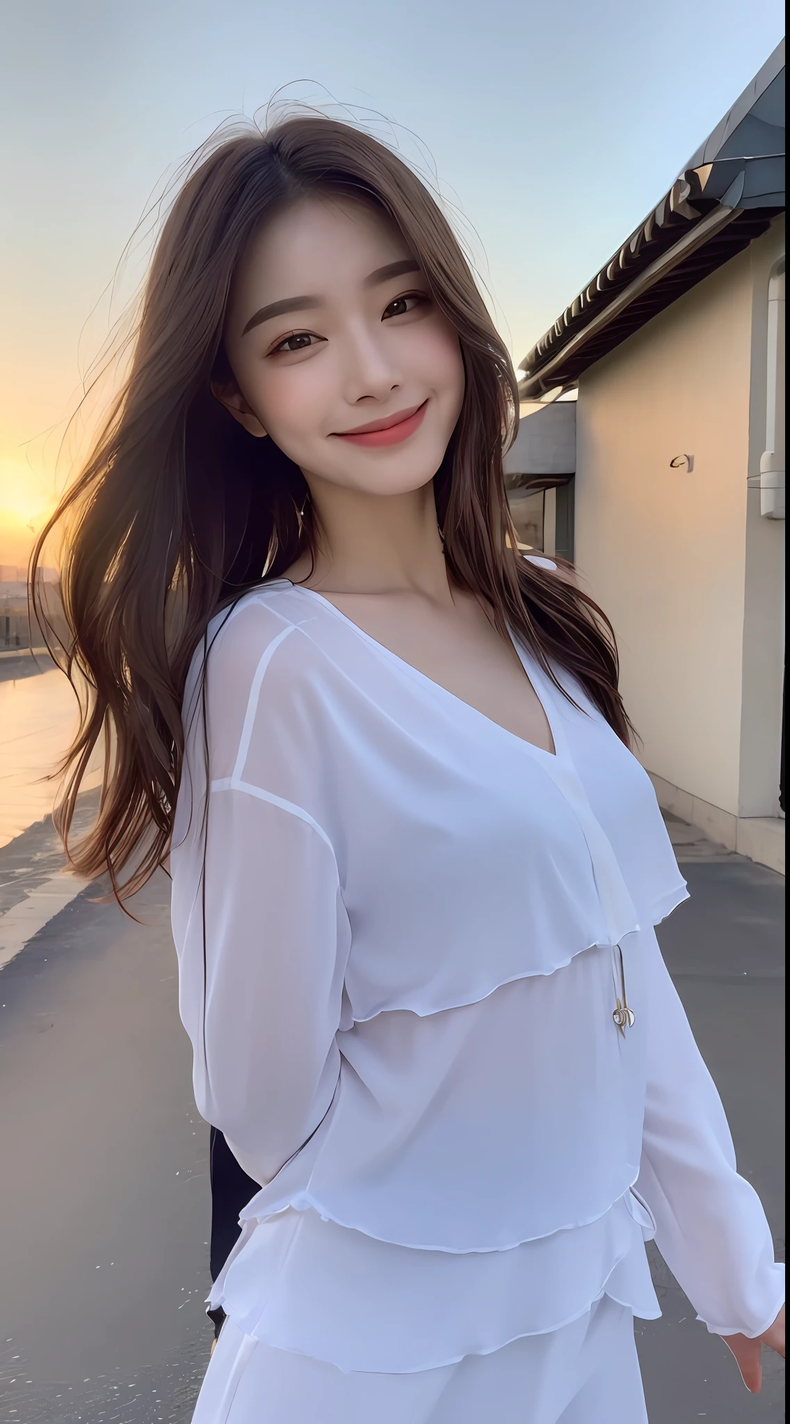 ((Top Quality, 8K, Masterpiece: 1.3)), Focus: 1.2, Perfect Beauty: 1.4, Butt: 1.2, ((Layered Hairstyle, Breasts: 1.2)), (Wet Clothes: 1.1), (Sunset, Street: 1.3), Halfway Dress: 1.1, Highly Detailed Face and Skin Texture, Narrow Eyes, Double Eyelids, Whitening Skin, Long Hair, (Shut Up: 1.3), Smile, Beauty Unreal