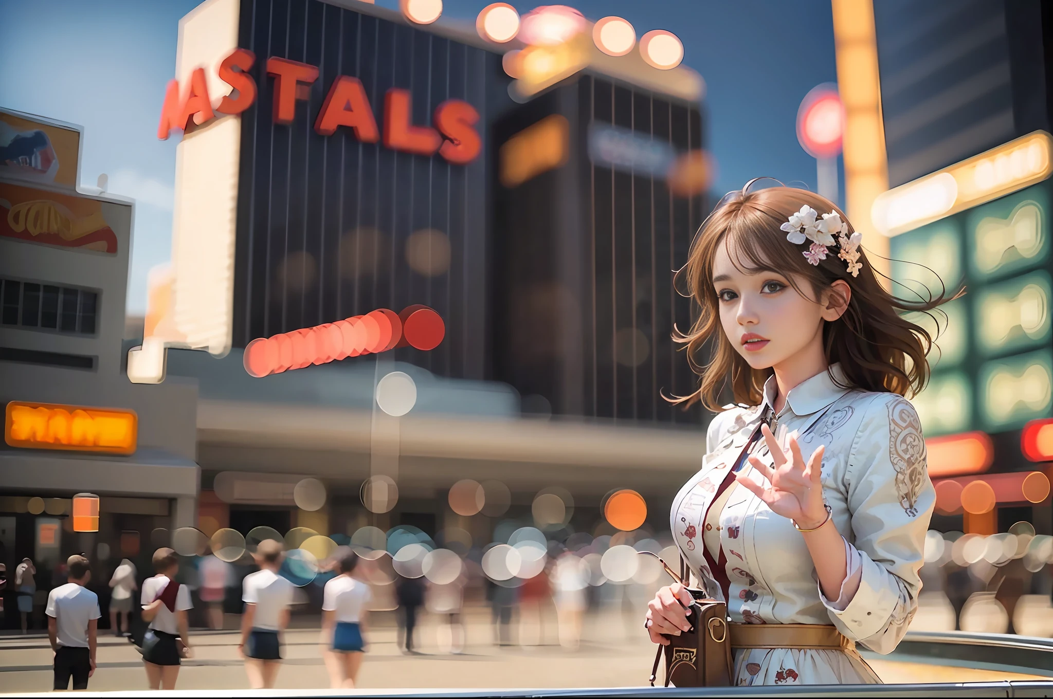 (Masterpiece), (Intricate Details), (Photorealistic: 1.3), (Film Grain), (Perfect Anatomy), USA, Las Vegas, Las Vegas Boulevard, waving at an open car