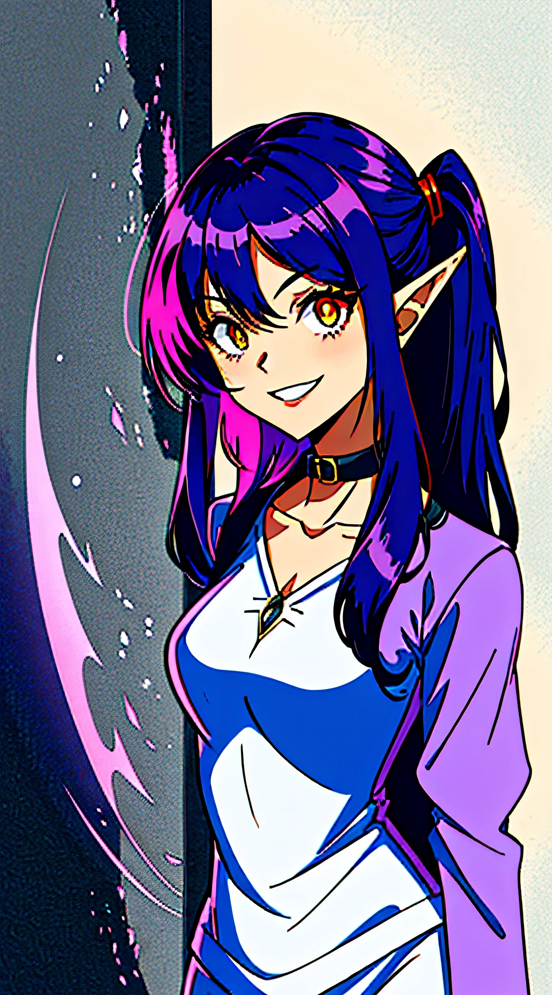 Gosip Ponkay, 1 girl, elf, pointed ears, purple hair, purple glowing eyes, crazy smile, constricted pupils, in the dark, hiding in the shadows, 8K