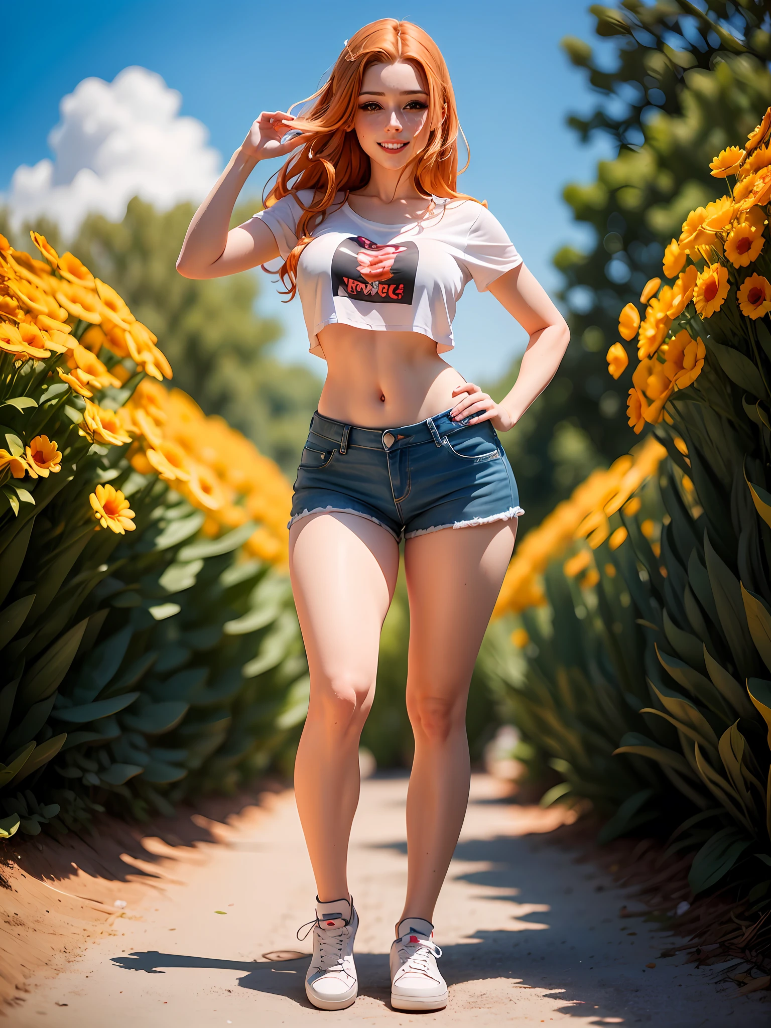 World's most beautiful woman full body, perfect, ultra realistic, super detailed, 4k, sunny day outdoors, smiling, wearing jean shorts and top, blue eyes, redhead, sexy, red lipstick, makeup, fun pose, depth, cinematic image, photography, white sneakers