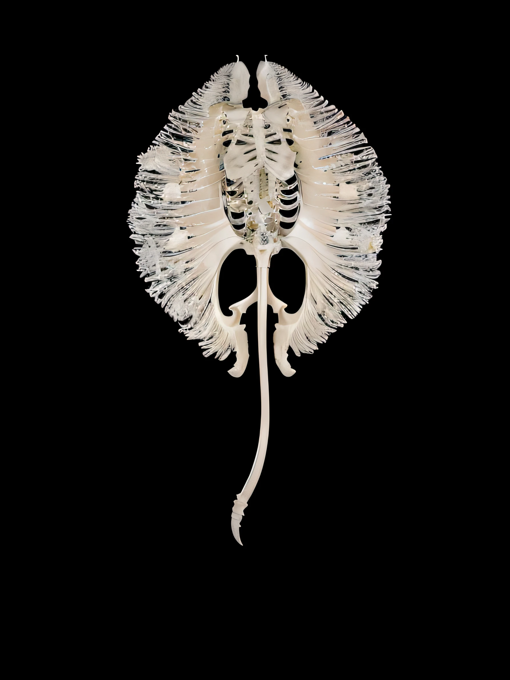 Arafed skeleton of a stingray with a long, symmetrical gelatinous tail, anatomical fractal, stingray skeleton, skeleton - as a creature, skeleton-like creature, gaping gills and baleen, made of leaf skeleton, made of leaf skeletons, skeleton with extra fleshy pieces, translucent gills, stingray thorax, spine, huge spines