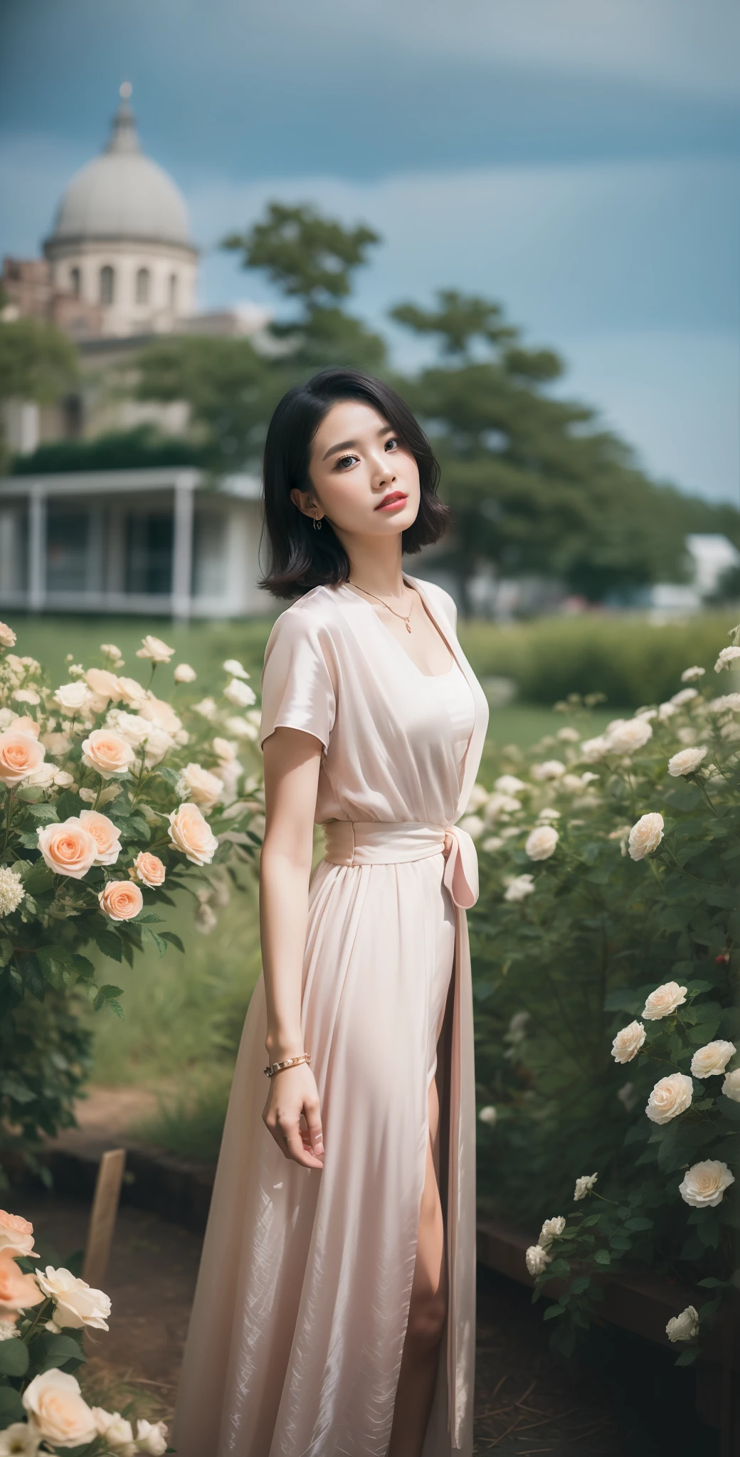 Best quality, masterpiece, super high resolution, (realistic: 1.4), original photo, edited photography, fantasy art

(A woman in her 30s), a woman standing on the path of Graden, (half: 1.3), black hair, short hair, sympathetic face, brown eyes. A faint smile, looking at the audience, (red suit: 1.2), (white shirt), black silk dress, (colorful and dense flower clusters: 1.3). (bright flower color: 1.3, red rose: 1.2, floating skaura_petals) smoke, real-world location, deep contrast, depth of field, dark background, break award-winning photograph, neoism, exposure blend, bokeh, (hdr:1.4), high contrast, (cinematic light), (muted colors),sony A7,F2.4, low saturation, (hyperdetailed:1.2), (noir:0.4)