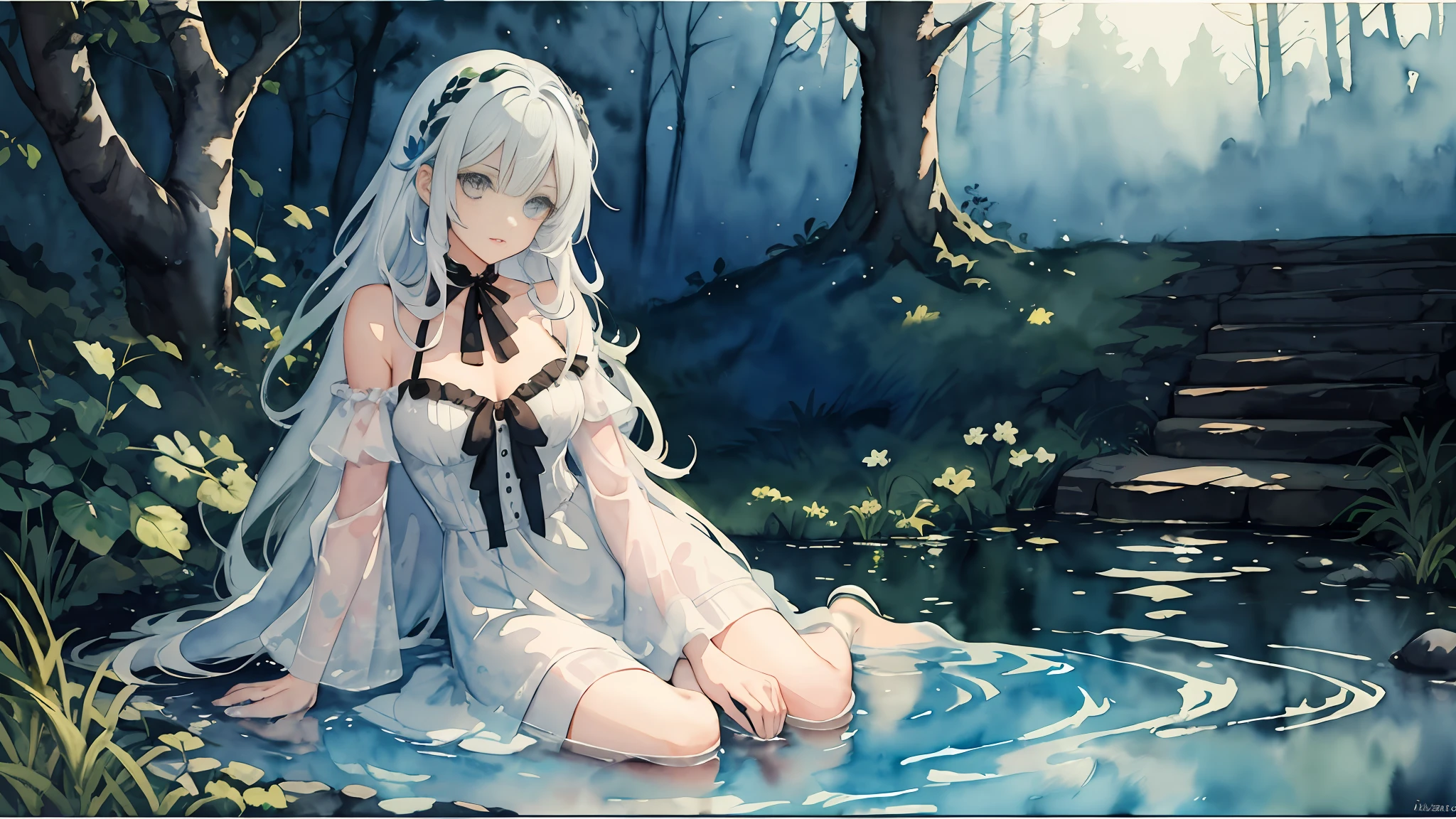 (highest quality), (masterpiece: 1.2), (colorful: 0.9), ((ink splash)), (color splashing), (((watercolor)))), clear focus, model shot, full body,
(Summer Portrait Goddess: 1.5), cute look, elegant white colored hair, beautiful detailed face and eyes, elegant goddess clothes, ((Summer forest background)),
Colored Water, Forest,(((watercolor))))