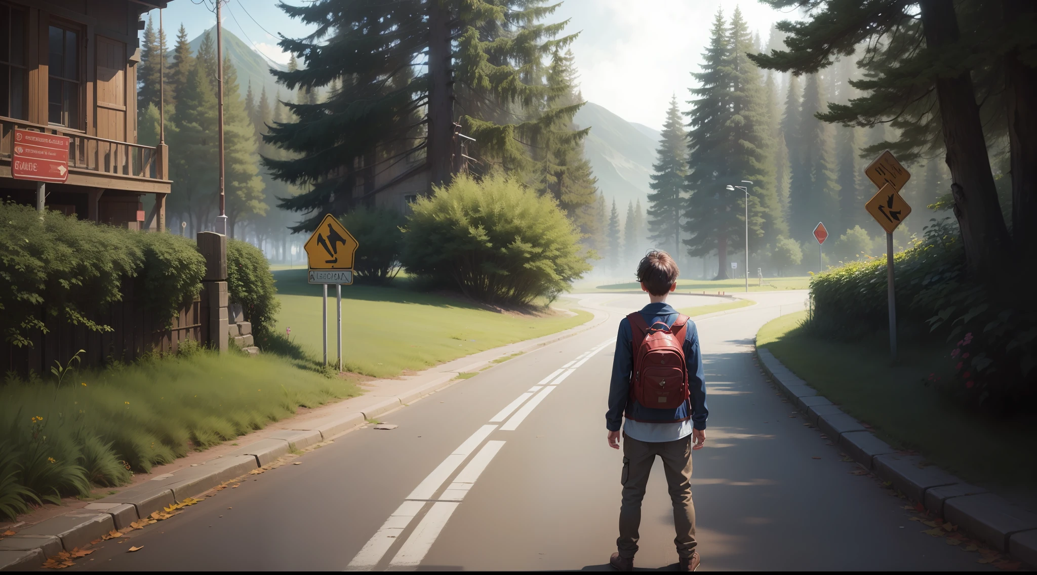 A symbolic crossroad, with signposts pointing towards different paths, symbolizing the choices and challenges the boy must face.
