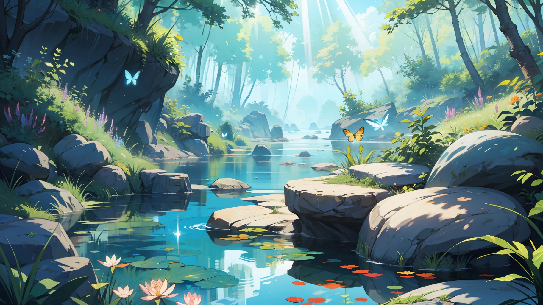 A lively pond , rocks , waves , fishes , rocks , vivid colors , sparkling , butterflies, highlights , sunlight , bubbles , clear waters