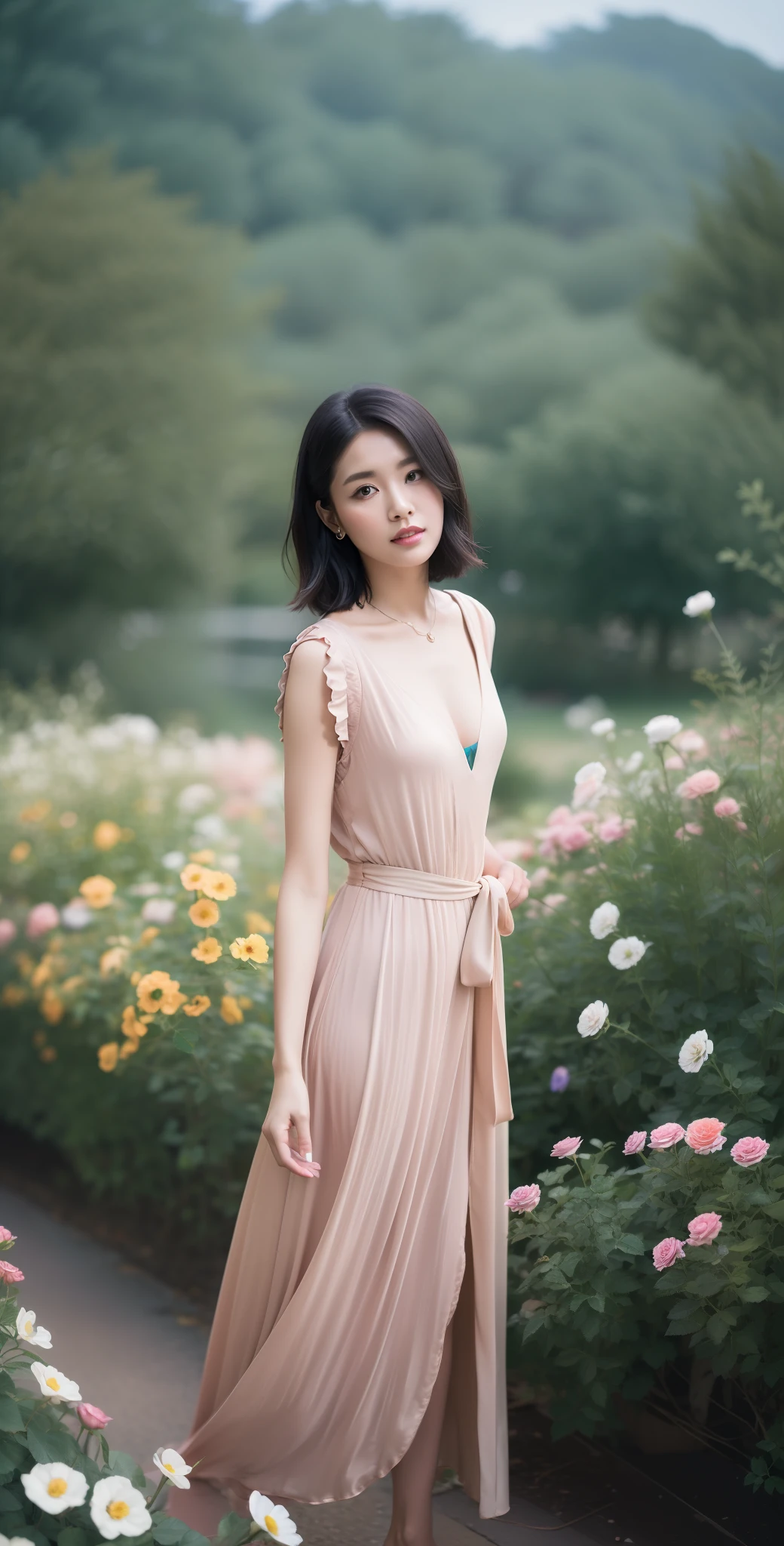 Best quality, masterpiece, super high resolution, (realistic: 1.4), original photo, edited photography, fantasy art

(A woman in her 30s), a woman standing on the path of Graden, (half: 1.3), black hair, short hair, sympathetic face, brown eyes. A faint smile, looking at the audience, (red suit: 1.2), (white shirt), black silk dress, (colorful and dense flower clusters: 1.3). (bright flower color: 1.3, red rose: 1.2, floating skaura_petals) smoke, real-world location, deep contrast, depth of field, dark background, break award-winning photograph, neoism, exposure blend, bokeh, (hdr:1.4), high contrast, (cinematic light), (muted colors),sony A7,F2.4, low saturation, (hyperdetailed:1.2), (noir:0.4)