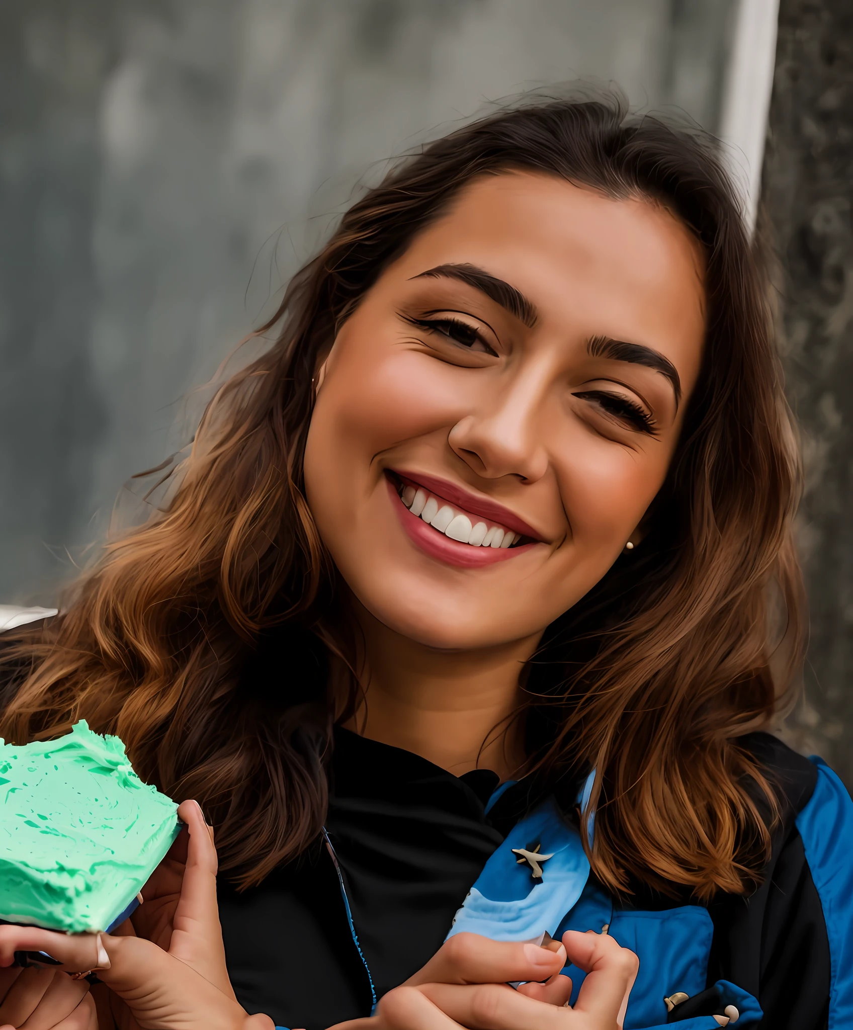 smiling woman with blue jacket and black shirt holding a piece of cake, by Nándor Katona, profile image, fernanda suarez, caroline gariba, malika favre, marischa becker, lorena avarez, magalie villeneuve, andrea rocha, valentina remenar, icaro carvalho, sandra chevier