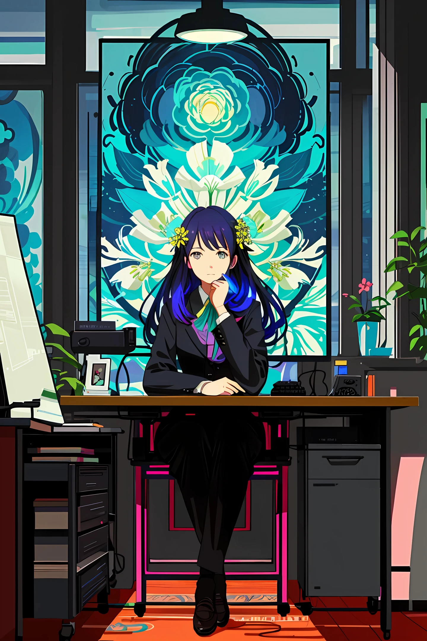 a woman sitting at a desk in front of a computer with a flowered background by Victo Ngai