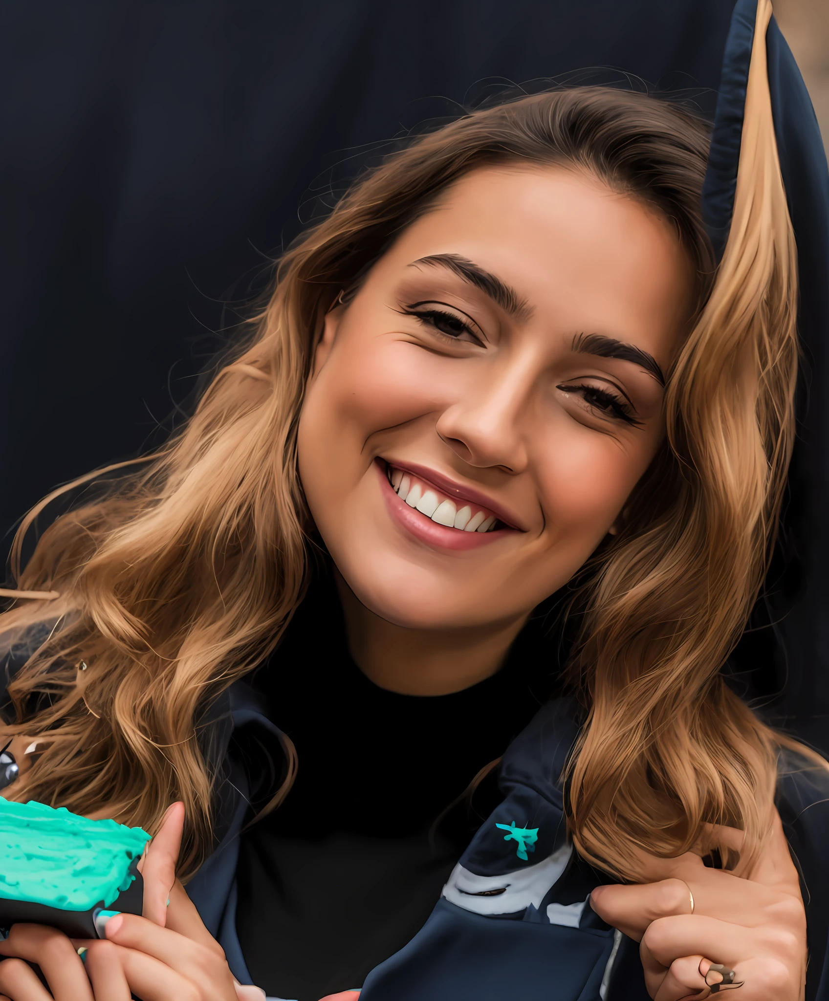 smiling woman with blue jacket and black shirt holding a piece of cake, by Nándor Katona, profile image, fernanda suarez, caroline gariba, malika favre, marischa becker, lorena avarez, magalie villeneuve, andrea rocha, valentina remenar, icaro carvalho, sandra chevier