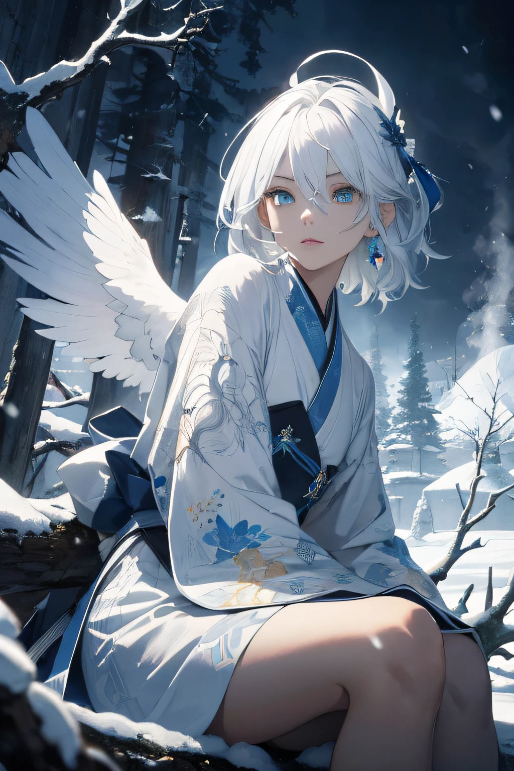 absurd, high resolution, super detailed, official art, unified 8k wallpaper, super detailed, beauty and aesthetics, master masterpiece, best quality, (zen entanglement, ice and snow, tangled, entangled), (fractal art: 1.3), photorealistic painting, (master masterpiece, top quality, best quality, official art, beauty and aesthetics: 1.2), very detailed, fractal art, variegated, most details, zentangle, (abstract background: 1.5) (1 girl: 1.3), white hair, white hanfu, red ribbon, very detailed, dynamic angle, cowboyshot, most beautiful forms chaotic, elegant, fauvist design, bright colors, romanticism, cloud hazy, smoke, atmospheric, cinematic lighting, volumetric lighting, dynamic lighting, dramatic composition, gods, (glowing blue eyes), mysterious, (magic), (sitting on a tree), ice and snow
