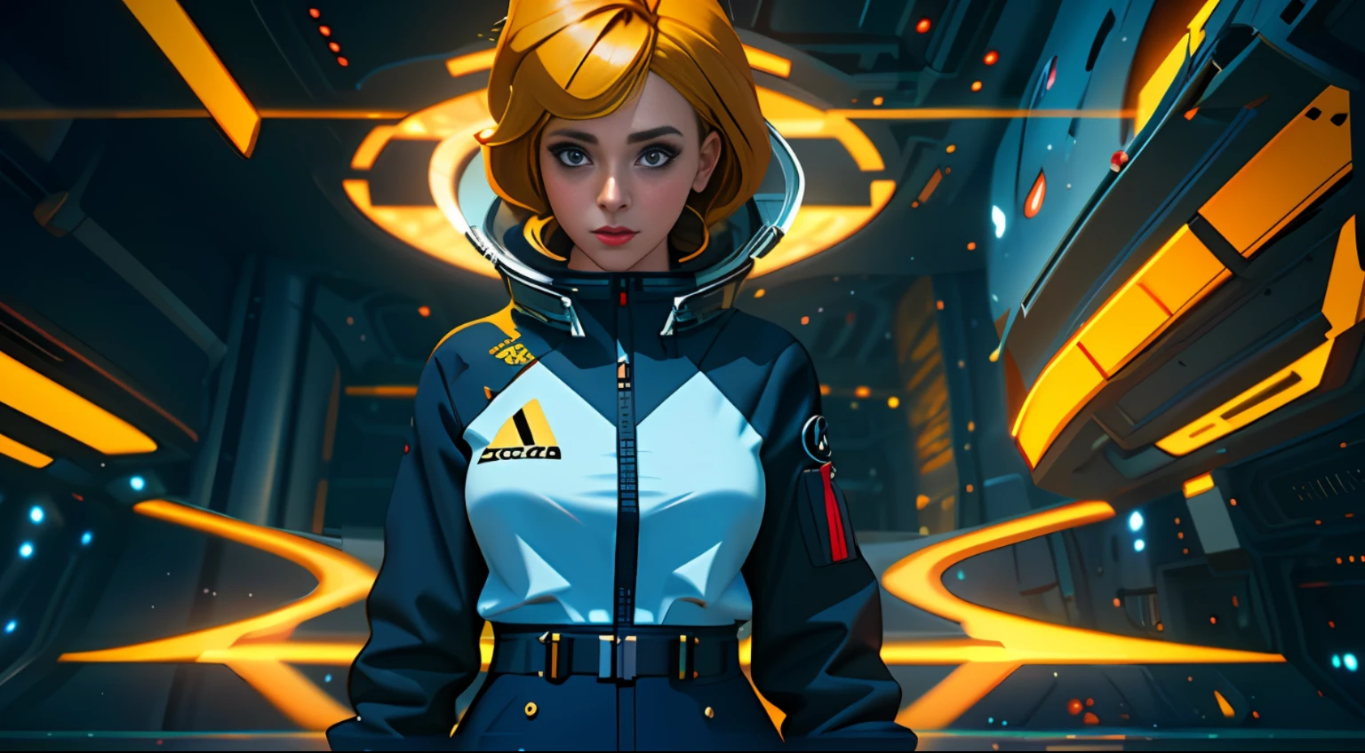 there is a woman in a yellow and black suit standing in a field, portrait anime space cadet girl, portrait beautiful sci - fi girl, wojtek fus, cgsociety inspired, scifi woman, 3 d render character art 8 k, cgsociety 8k, cgsociety 8k, cgsociety 8 k, inspired by Marek Okon, sci-fi digital art