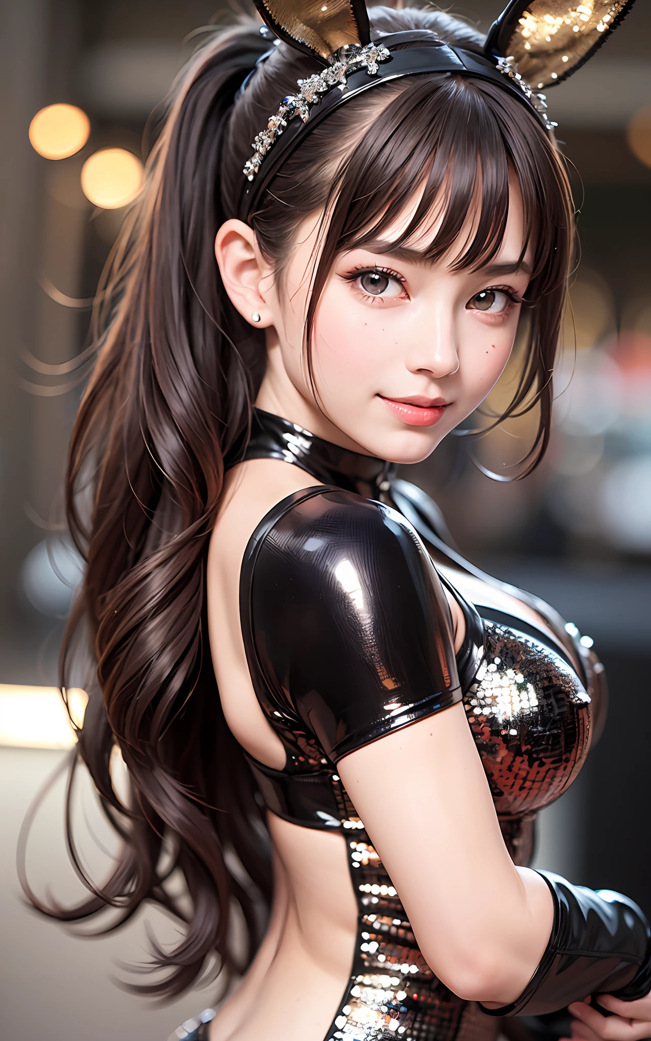 (Realistic, Photorealistic: 1.37), (8k, RAW Photos, Best Quality, Masterpiece: 1.2), Very Cute Woman, Ultra Detailed, Heart-Shaped Pupil, Physically Based Rendering, Ultra High Resolution, Kodak Vision Color, Shot with Arricam LT Camera, Bokeh, Sharp Focus, ((Correct Anatomy: 1.2)), Watch Viewer, Real, Solo, Photorealistic, top quality, highly detailed face, (sequins, black bunny suit, rabbit ear shaped hairband: 1.2)), dark brown hair, ponytail, highly detailed eyes and face, beautiful detailed eyes, double eyelids, (((unforgettable smile: 1.2)), red cheeks, hair fluttering in the wind, ((upper body)), (casino, background blur)), big, cute random pose