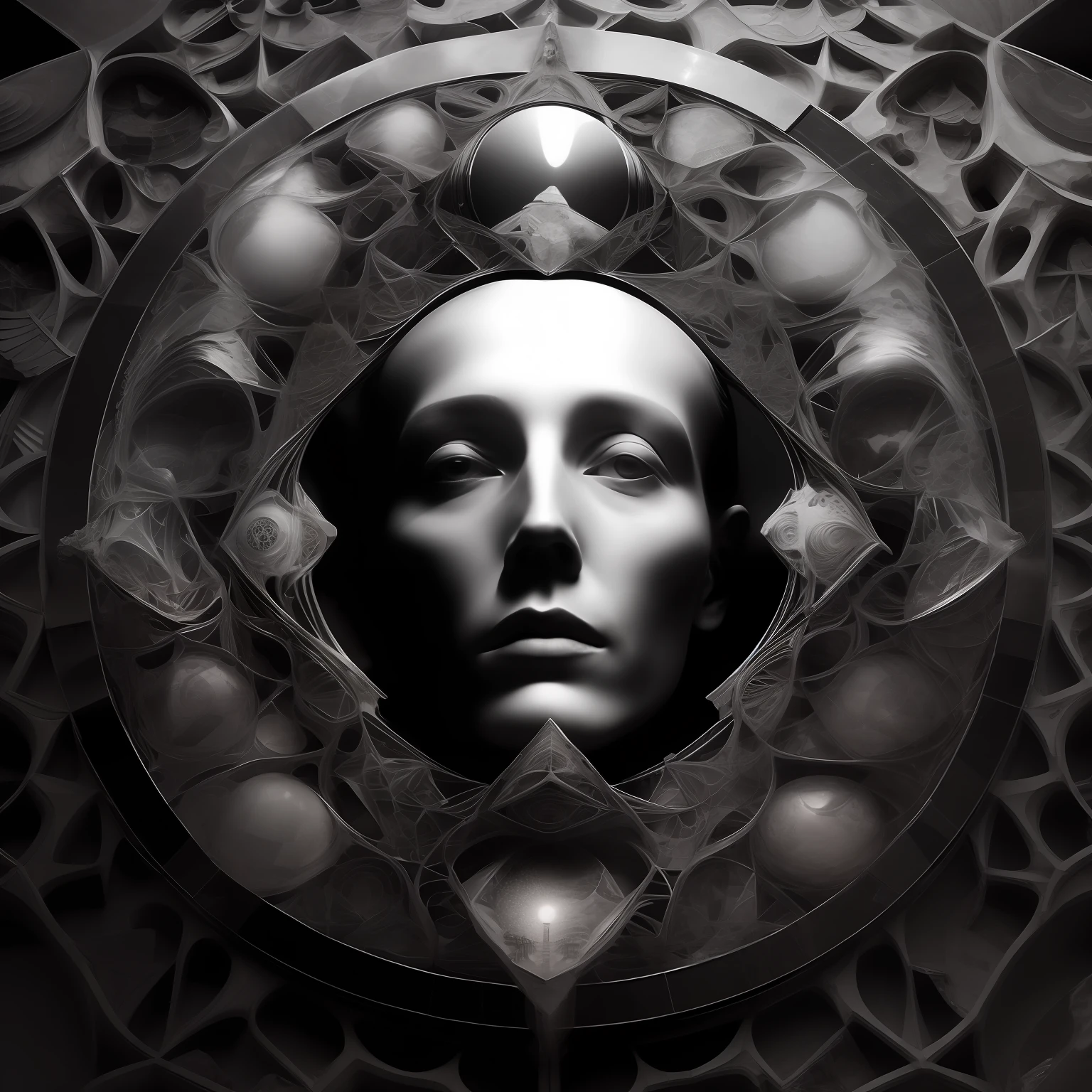 concept artwork, M.C Escher + Architectural Art + b/w photography by Pierre Verger / style fusion / A broken and fragmented sculpture, composed of pieces of marble that represent the impermanence of life. The fragments show distorted faces and bodies, in different stages of decomposition, revealing the fragility and transience of human existence. A reflection on the mortality and ephemerality of our journey. / dark tones / supernatural / macro lens / surreal juxtapositions / Sun Reflections / Lovecraft / cosmic horror / 90s horror--ar 1080:1350 --c 12