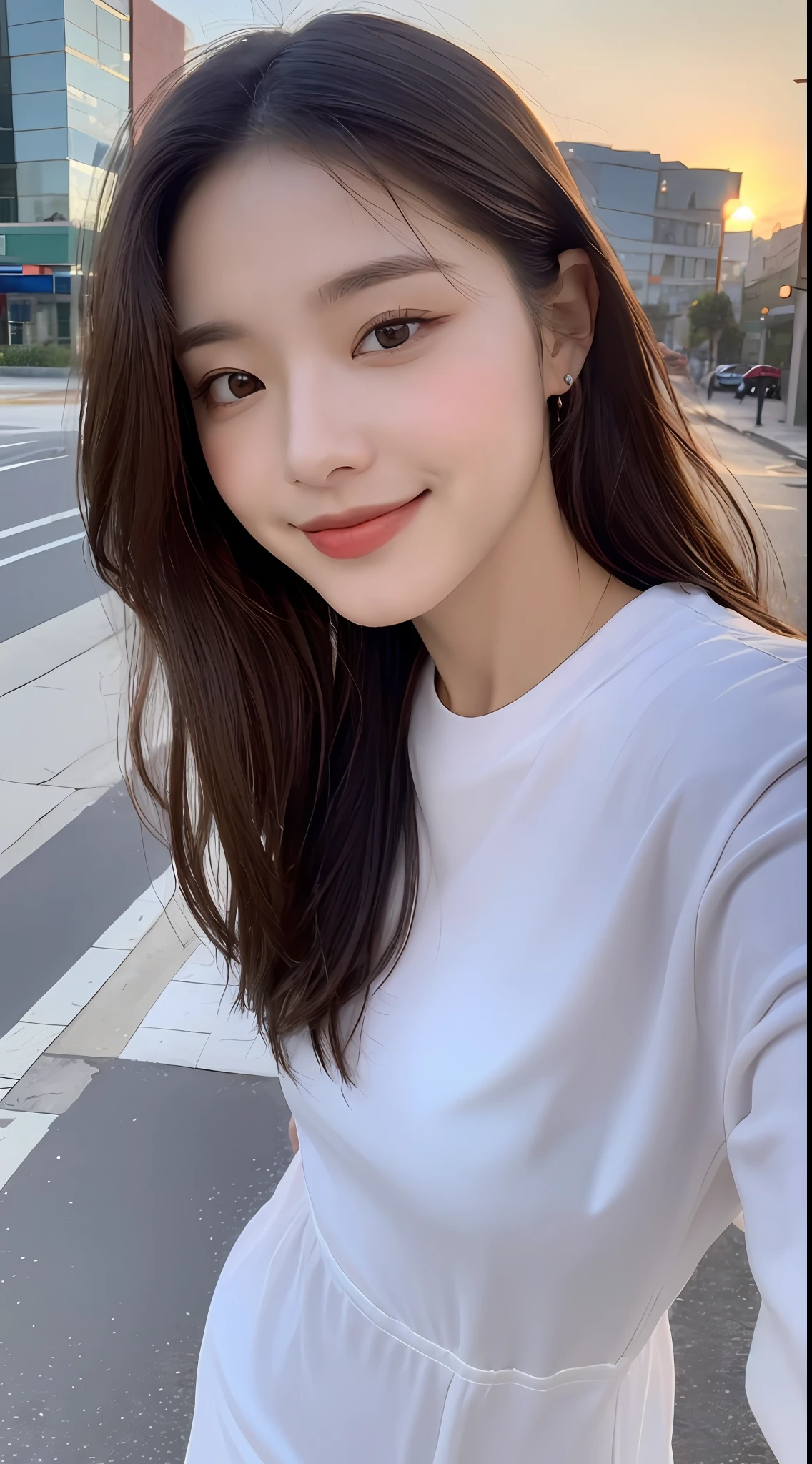 ((Top Quality, 8K, Masterpiece: 1.3)), Focus: 1.2, Perfect Beauty: 1.4, Butt: 1.2, ((Layered Hairstyle, Breasts: 1.2)), (Wet Clothes: 1.1), (Sunset, Street: 1.3), Halfway Dress: 1.1, Highly Detailed Face and Skin Texture, Narrow Eyes, Double Eyelids, Whitening Skin, Long Hair, (Shut Up: 1.3), Smile, Beauty Unreal