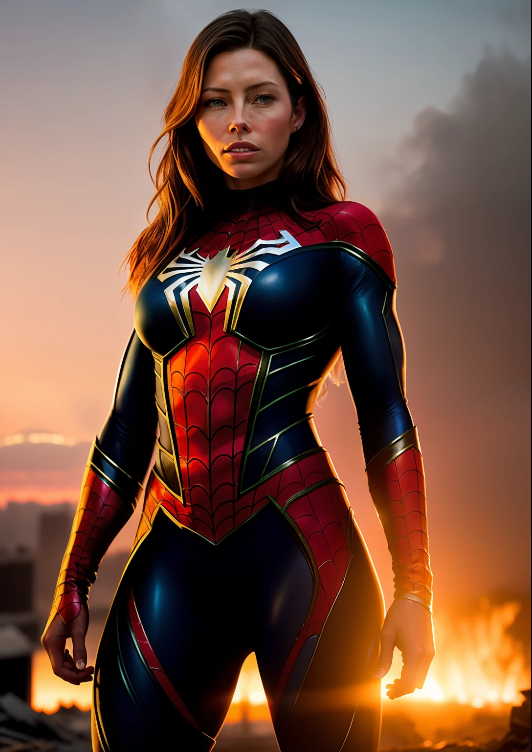 Jessica Biel in detailed brown Spider-Man costume, large breasts, superhero pose, standing in ruined city at sunset, hyperdetailed, smoke, sparks, sunbeams, (8k), realistic, symmetrical, award-winning, cinematic lightning, soaked, film, 75mm, scratches, full body photo, close-up, torn and dirty clothes, detailed face,