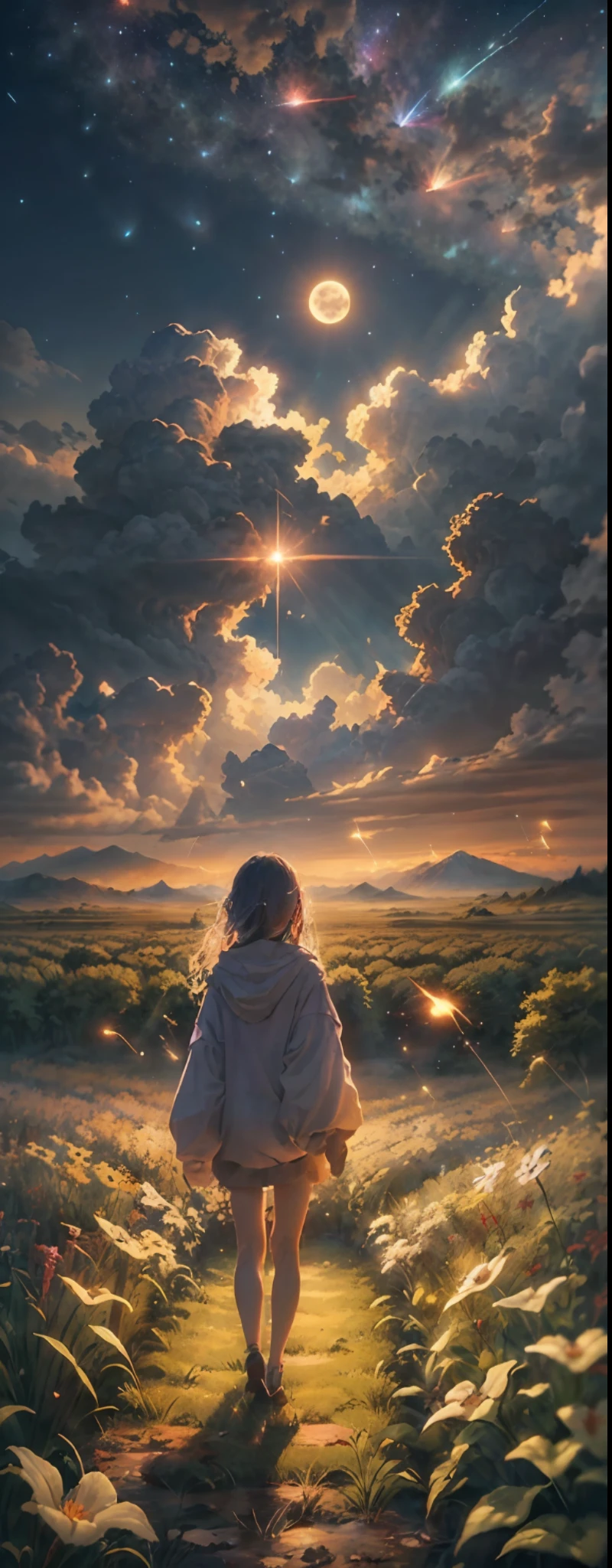 Vast landscape photo, (viewed from below, the sky is above and the open field is below), a girl standing on a flower field looking up, (full moon: 1.2), (meteor: 0.9), (nebula: 1.3), distant mountains , Trees BREAK Crafting Art, (Warm Light: 1.2), (Fireflies: 1.2), Lights, Lots of Purple and Orange, Intricate Details, Volumetric Lighting, Realism BREAK (Masterpiece: 1.2), (Best Quality), 4k, Ultra-Detailed, (Dynamic Composition: 1.4), Very Detailed, Colorful Details, (Rainbow Colors: 1.2), (Glow Lighting, Atmospheric Lighting), Dreamy, Magical, (Solo: 1.2)