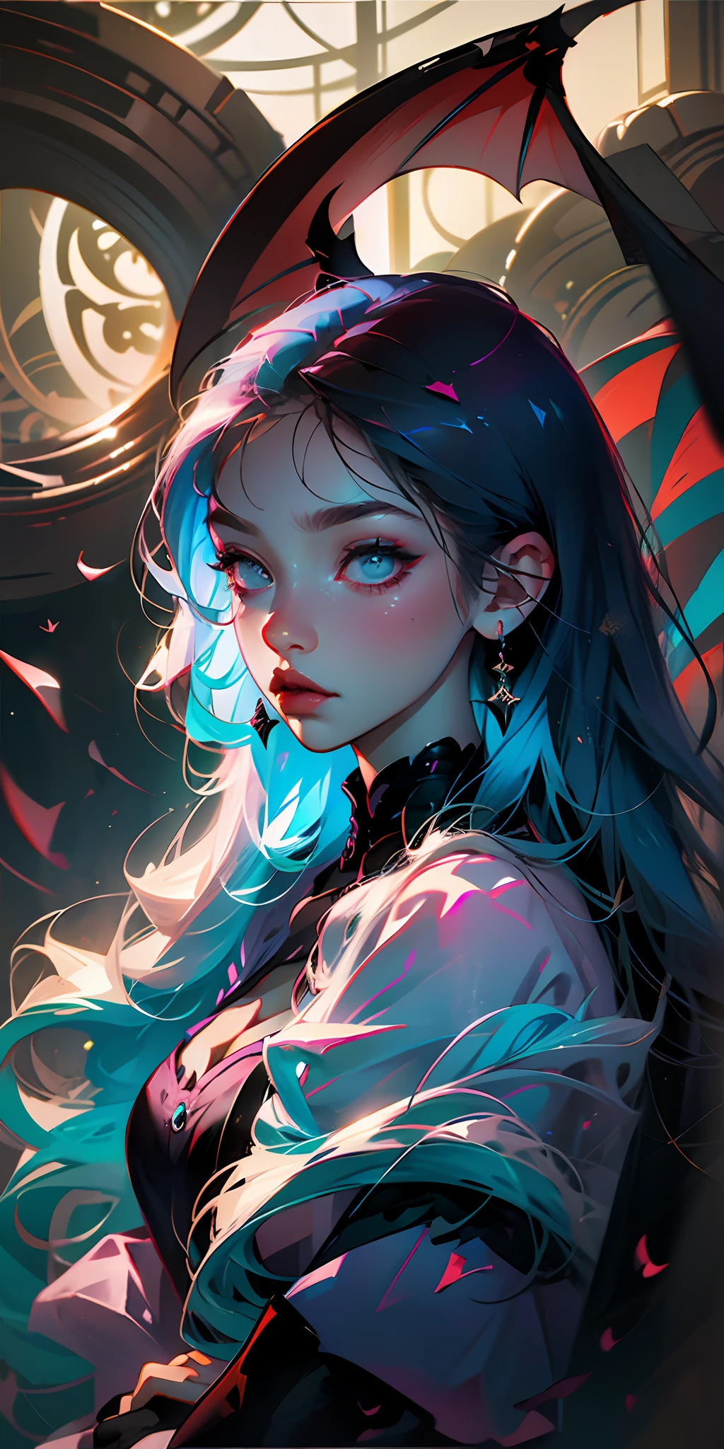 Official art, character sheet, 1 girl, long black dress, blue long hair, dark makeup, bat wings, flowers in hair --auto --s2