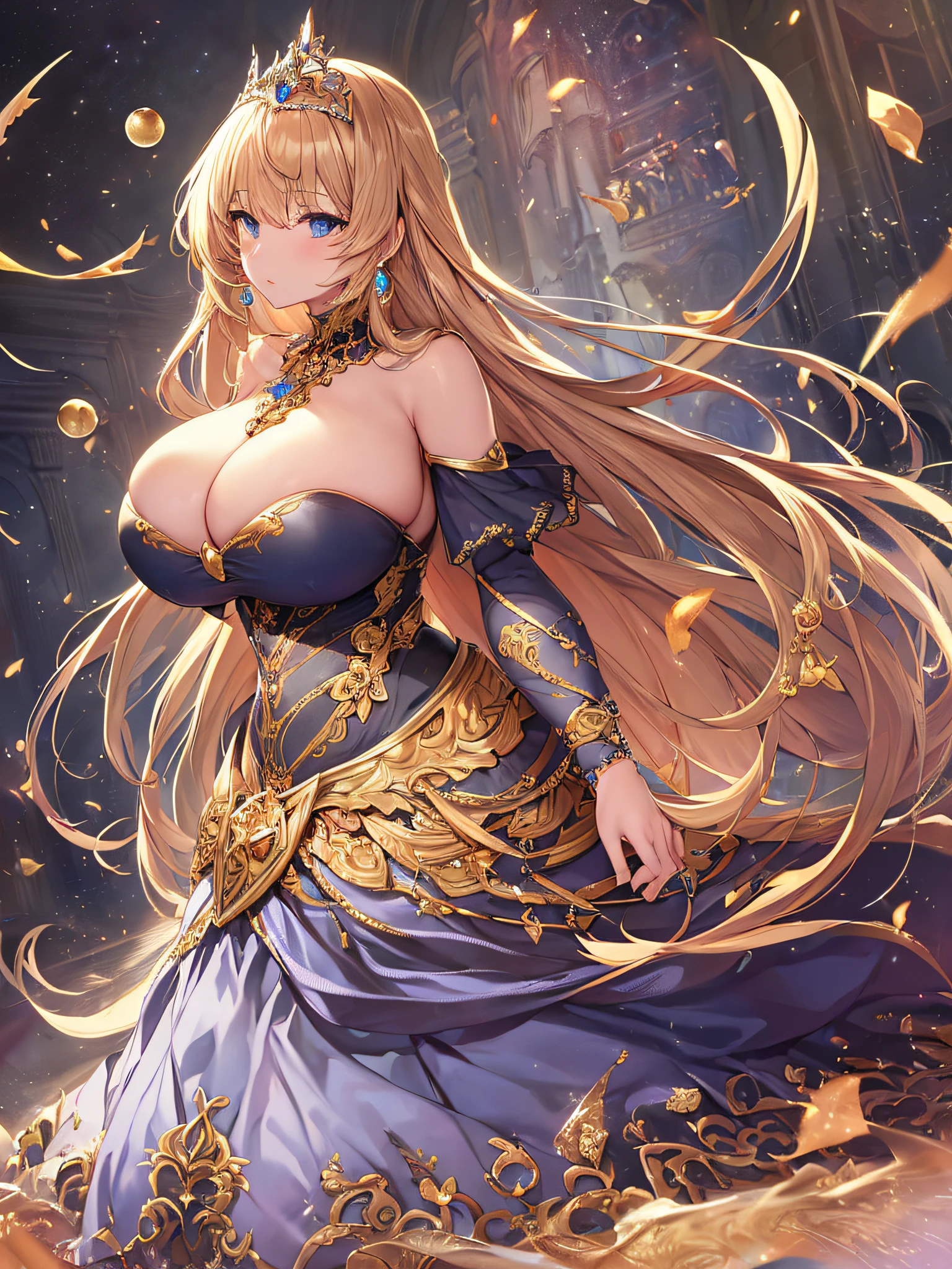 ((anime artstyle)),(Masterpiece),(Best Quality), (Super Detail),Illustration,((Very Delicate and Beautiful)),Focus on character,Dynamic Angle,Looking at viewer,((Solo)),standing,(((full body))),((one noble princess in gorgeous ball gown with voluminous skirt)),detailed face and eyes,jewel-like eyes,((Very Long voluminous Hair)),gorgeous embroidery and lace,See-through,ornate ruffles,Gorgeous jewelry ornaments,luxury hair ornament,luxury tiara with jewels,(gigantic breasts,Long breasts),full body,((gorgeous ball gown with voluminous skirt))