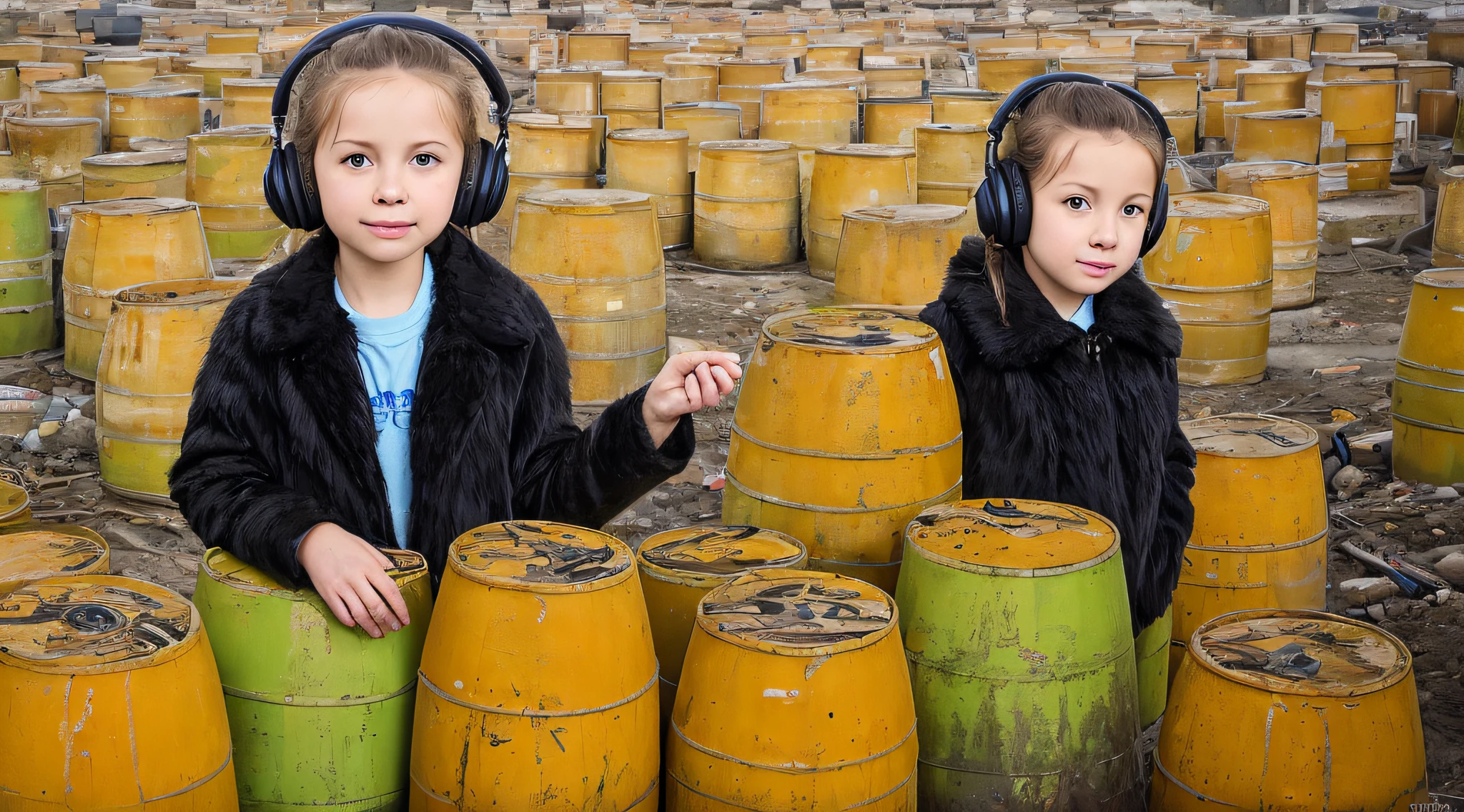 GIRL CHILD 8 YEARS OLD BLONDE HAIR, LONG, CLOSE UP, RUSSIAN STYLE HEADPHONES, BLACK FUR COAT, a closeup of a large pile of yellow barrels with radioactive symbols, nuclear waste, radioactive wastelands, toxic waste, radioactive particles, nuclear wastelands, radioactive, uranium, nuclear, nuclear fallout, post-nuclear, nuclear fashion, post-nuclear fallout,  nuclear energy, future of nuclear energy, nuclear, nuclear art, nuclear reactor, nuclear energy, radiation, toxicity, contaminated