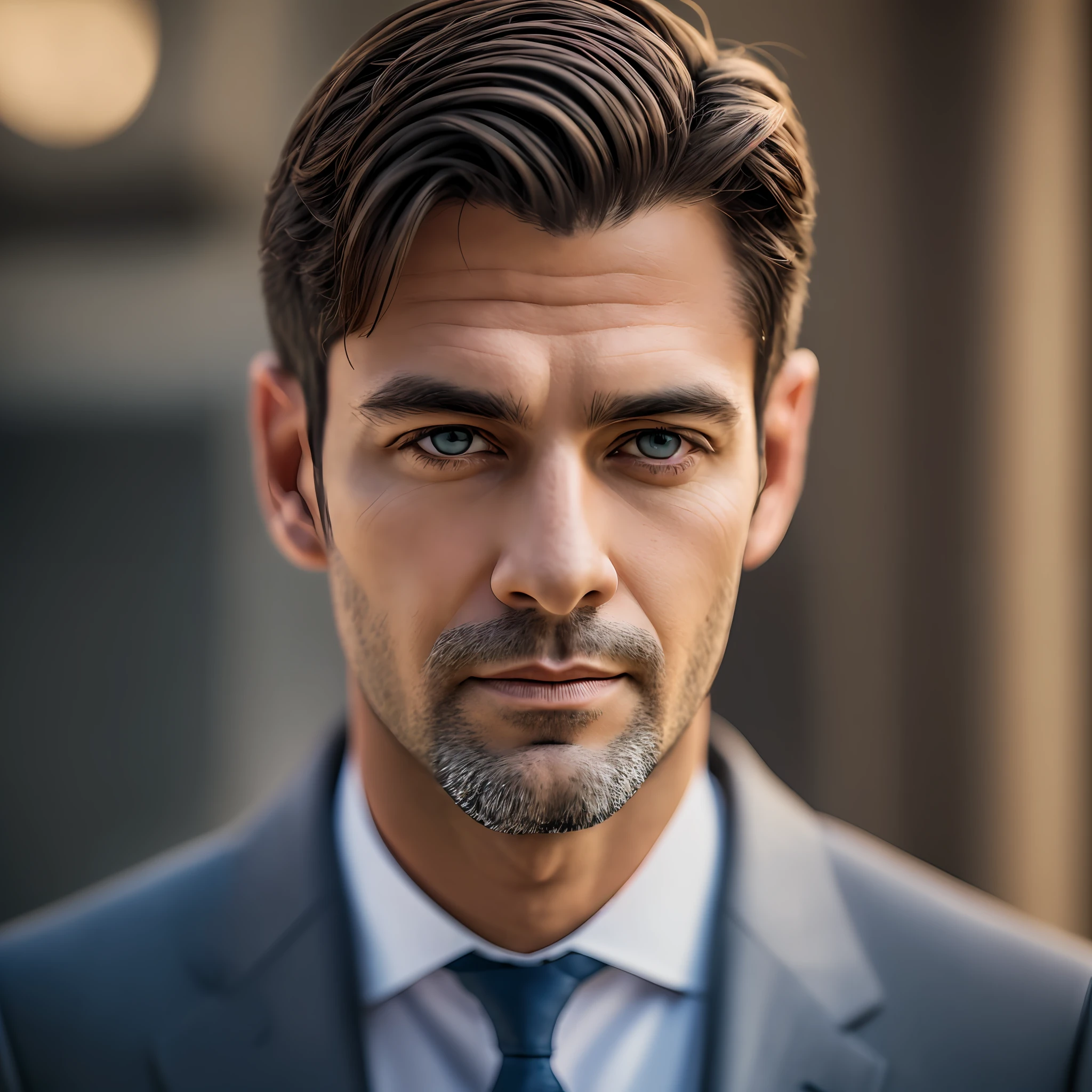 a Man standing with 30 years in suit and tie, body and head straight in the photo, DSRL, facing the viewer of the photo, eyes fixed to the lens, appears shoulders and head in the photo, man centered in the photo, 8k, best quality, masterpiece, realistic, realistic photo, movie photo, ultra realistic, 1 person, detailed,  Perfect lighting, DSRL, professional photo, 4k --auto --s2