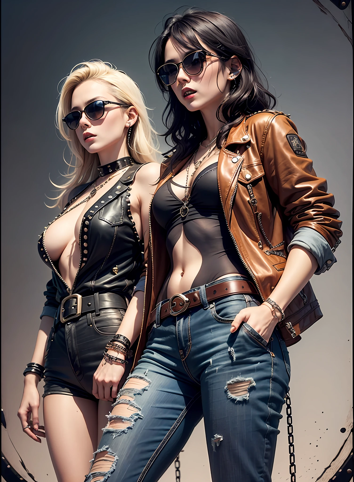 80s European Woman Metal Duet, black hair, blonde hair, sunglasses, dark jeans, rivets, pants, belts, chains, guitars.