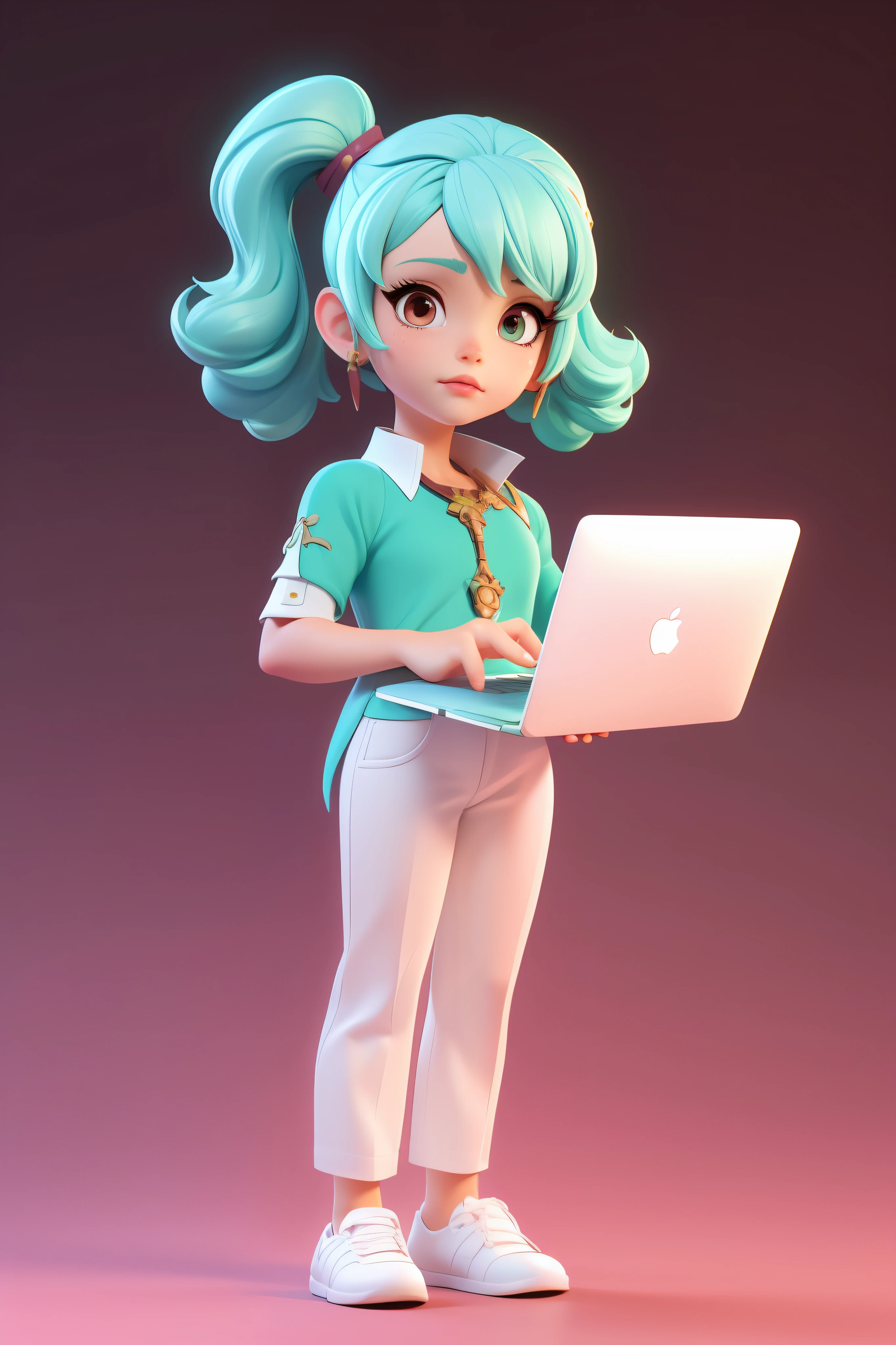 3dcharacter,\Olivia (Fire Emblem)\,(full body:1.2),simple background, masterpiece,best quality,(light Maroon gradient background:1.1), Green , (turquoise shirt:1.1) , (White trousers:1.1),shoes, holding a laptop