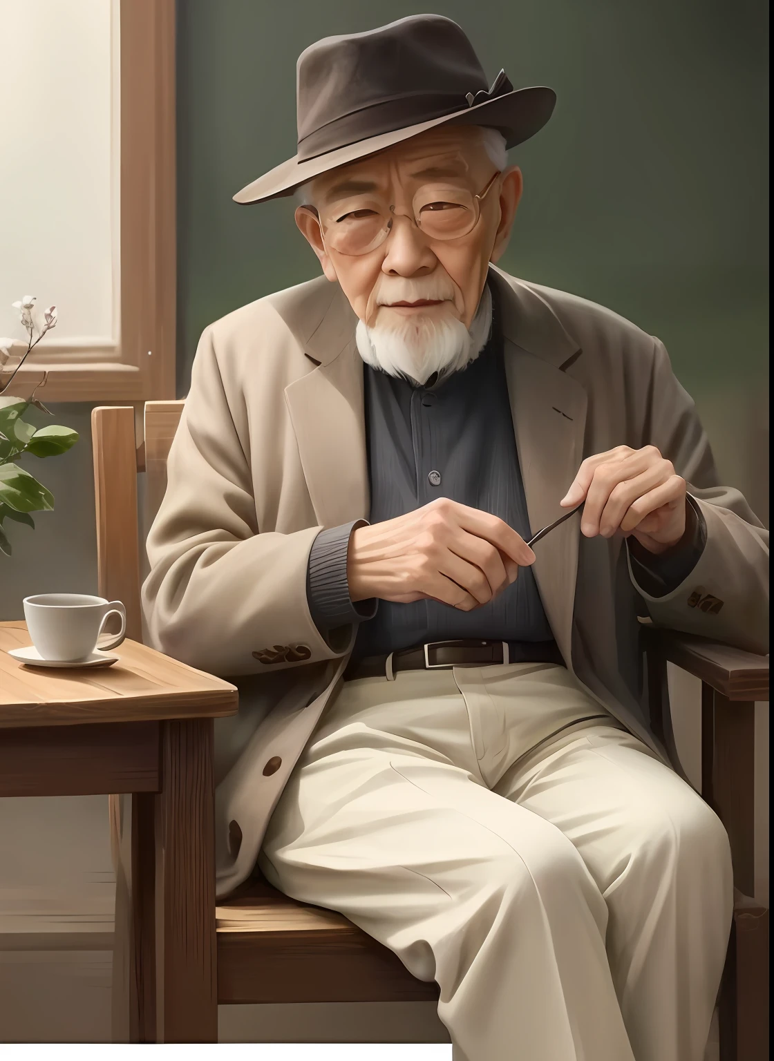 an old man with a hat and glasses sitting down, he is about 8 0 years old, 千 葉 雄 大, he is about 7 0 years old, inspired by Li Tiefu, an 80 year old man, inspired by Chen Daofu, inspired by Hu Jieqing, inspired by Li Shixing