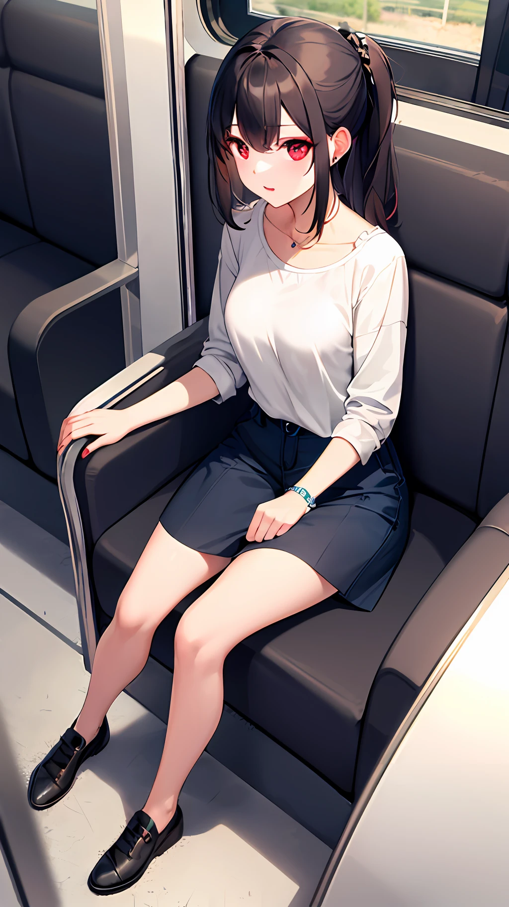 Masterpiece, best quality, 1 girl, hairstyle casual, red eyes, jewelry, clothes casual, sitting, train interior, full body shot