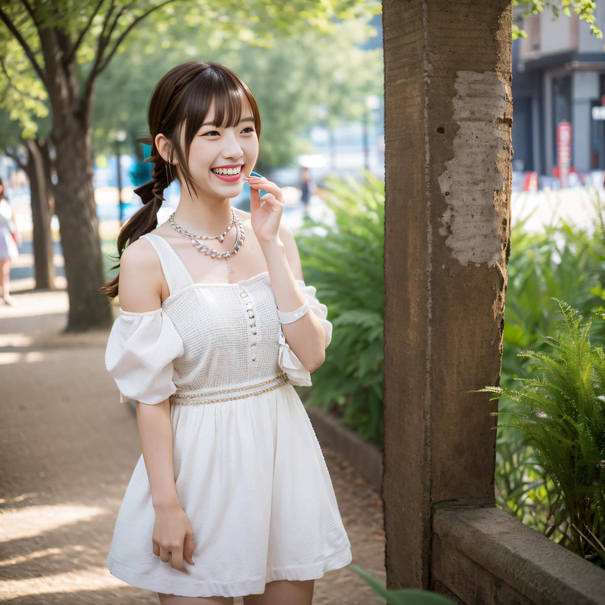 Urban Oasis Park, One Japan Girl, Laughing with White Teeth, White Dress, Conversing with Female Friends, Necklace, Long False Eyelashes, Strolling, Brown Hair, Bangs, Braided Ponytail, Surrealism, Verism, Movie Lighting, First Person View, Sony FE GM, f/16, UHD, Anatomically Correct, Masterpiece, High Resolution, 16k