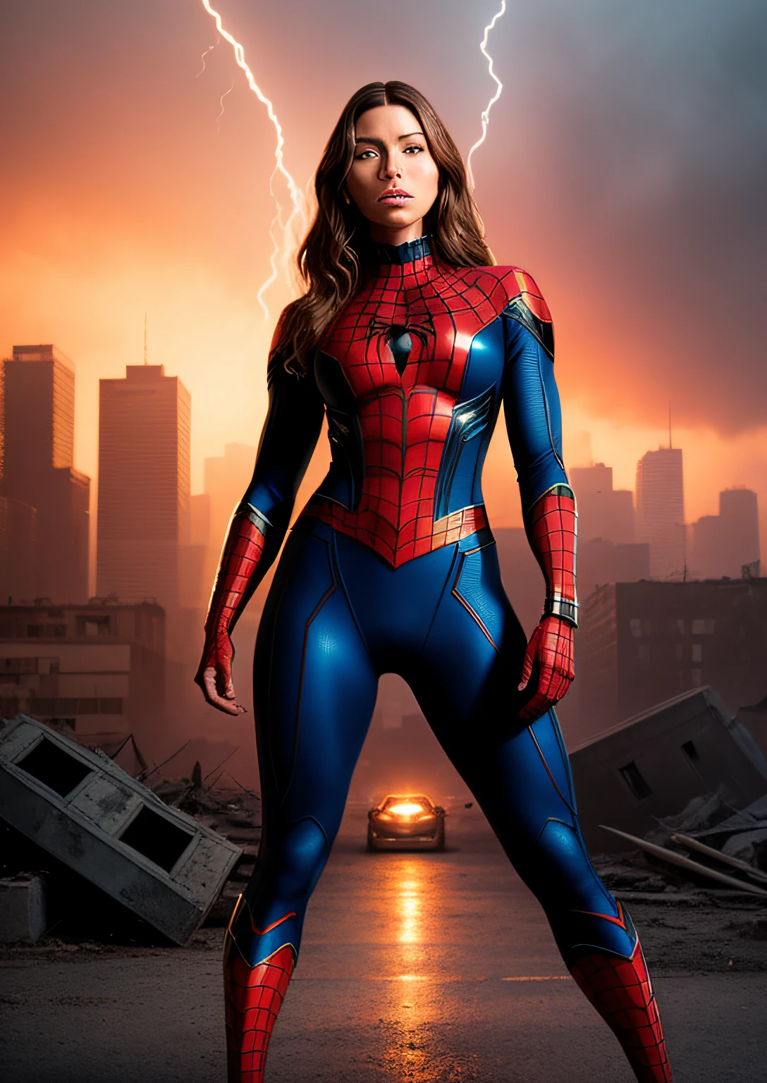 Jessica Biel in detailed brown Spider-Man costume, large breasts, superhero pose, standing in ruined city at sunset, hyperdetailed, smoke, sparks, sunbeams, (8k), realistic, symmetrical, award-winning, cinematic lightning, soaked, film, 75mm, scratches, full body photo, close-up, torn and dirty clothes, detailed face,