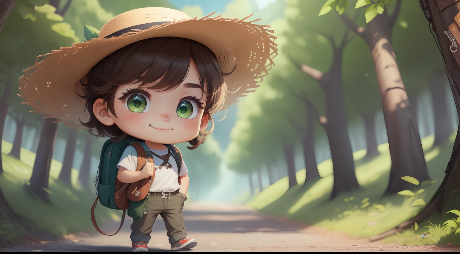happy boy with green eyes, backpack, dark brown hair, straw hat, with a brown book, full body image! Chibi character, cartoon, 8k resolutionpicture from afar, beautiful scenery! forestbrown book