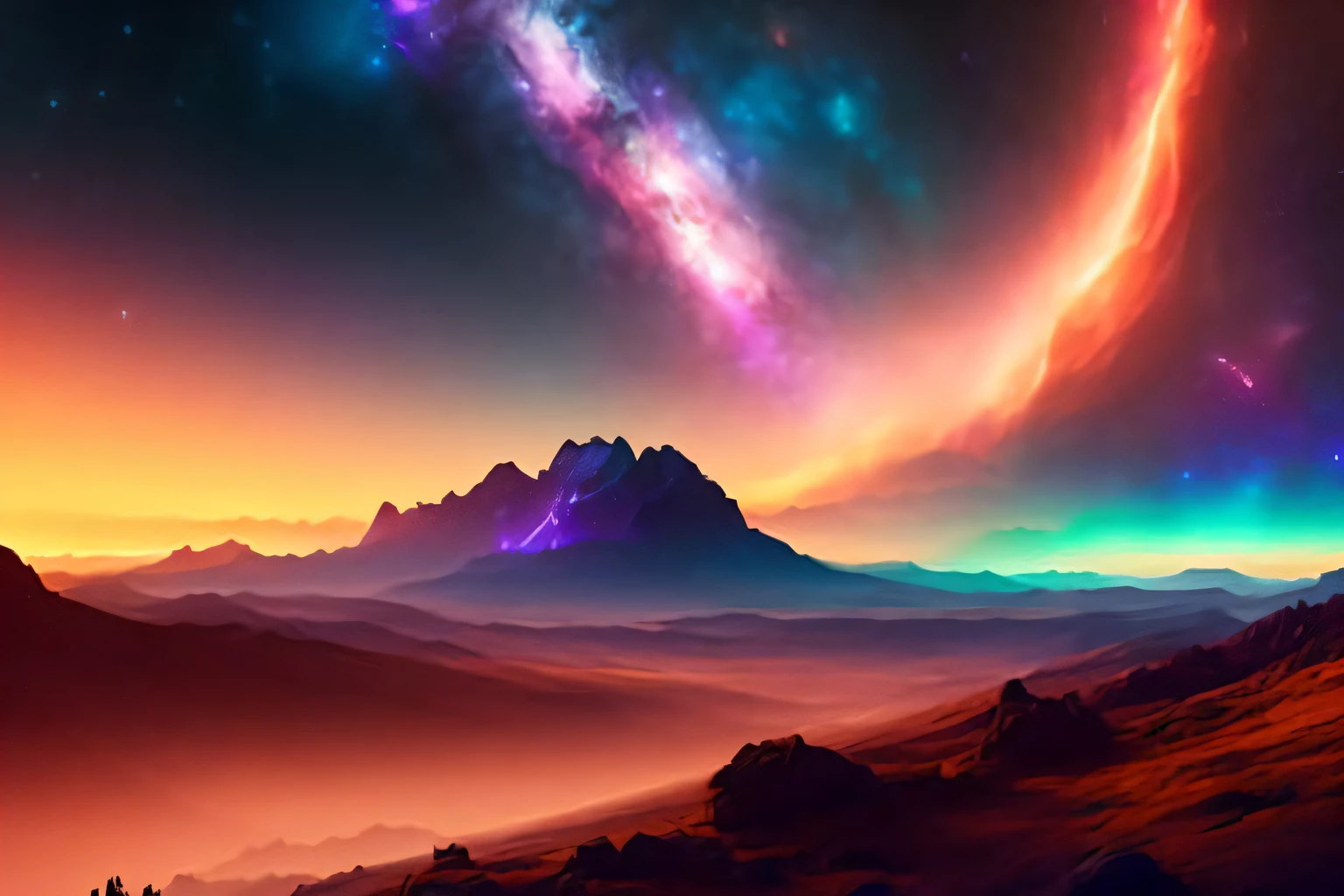 ChromaV5, nvinkpunk,(extremely detailed CG unity 8k wallpaper), A landscape of a cosmic sky, nebula, cosmos,galaxy,blackhole,award winning photography, Chromatic Aberration, Detailed , HDR, Bloom ,trending on ArtStation, trending on CGSociety, art by midjourney