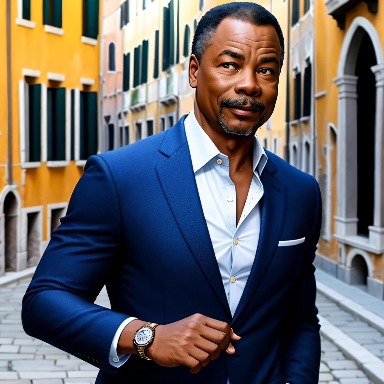 Carl Weathers face, ultra realistic, in jacket, smiling, black power style hair, in Venice, navy blue suit, mustache, dark brown eyes, confident