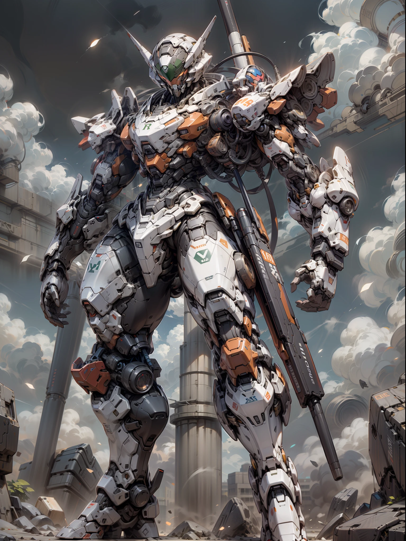 ((Best Quality)), ((Masterpiece)), (Very detailed: 1.3), 8K, cool painting, full of science fiction, red Megatron standing in the city, holding a heavy machine gun, Gatling machine gun, streamlined red armor, complex weapons and equipment behind it, Gundam humanoid mech, anime mech aesthetics, perfect body proportions, heads-up view, standing posture, military giant mech, missiles, rocks, futuristic technology, realism, dark clouds in the sky, dark war background, ray tracing, Light Particles, NVIDIA Trtx, Super Resolution, Unreal 5, Subsurface Scattering, Specular and Albedo Maps, Rule of Thirds, Large Aperture, Battle Stance, 8K Raw Data, High Efficiency Subpixels, Subpixel Convolution, Light Particle, Light Scattering, Tyndall Effect, Ray Tracing.