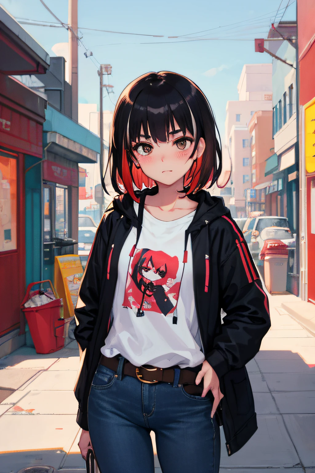 Original characters, volume lighting, best shadows, shallow depth of field, portrait of an amazingly beautiful girl, delicate beautiful attractive face with petite and seductive black eyes, messily painted face, sharp eyebrows, mouth closed, black hair, red hair, multicolored hair, gradient hair, look viewer, blush eye shadow, dark eyelashes, Oversized Pop Jacket, Mini Underbob T-Shirt, Slim Waist, Denim Jeans Pants, With Buckle Belt, Doodle Alley, Trash Can, Exterior Staircase, Outdoor Unit, Standing, (Top Quality, Amazing Detail: 1.25), (Solo: 1.3), Vibrant Colorful Painting