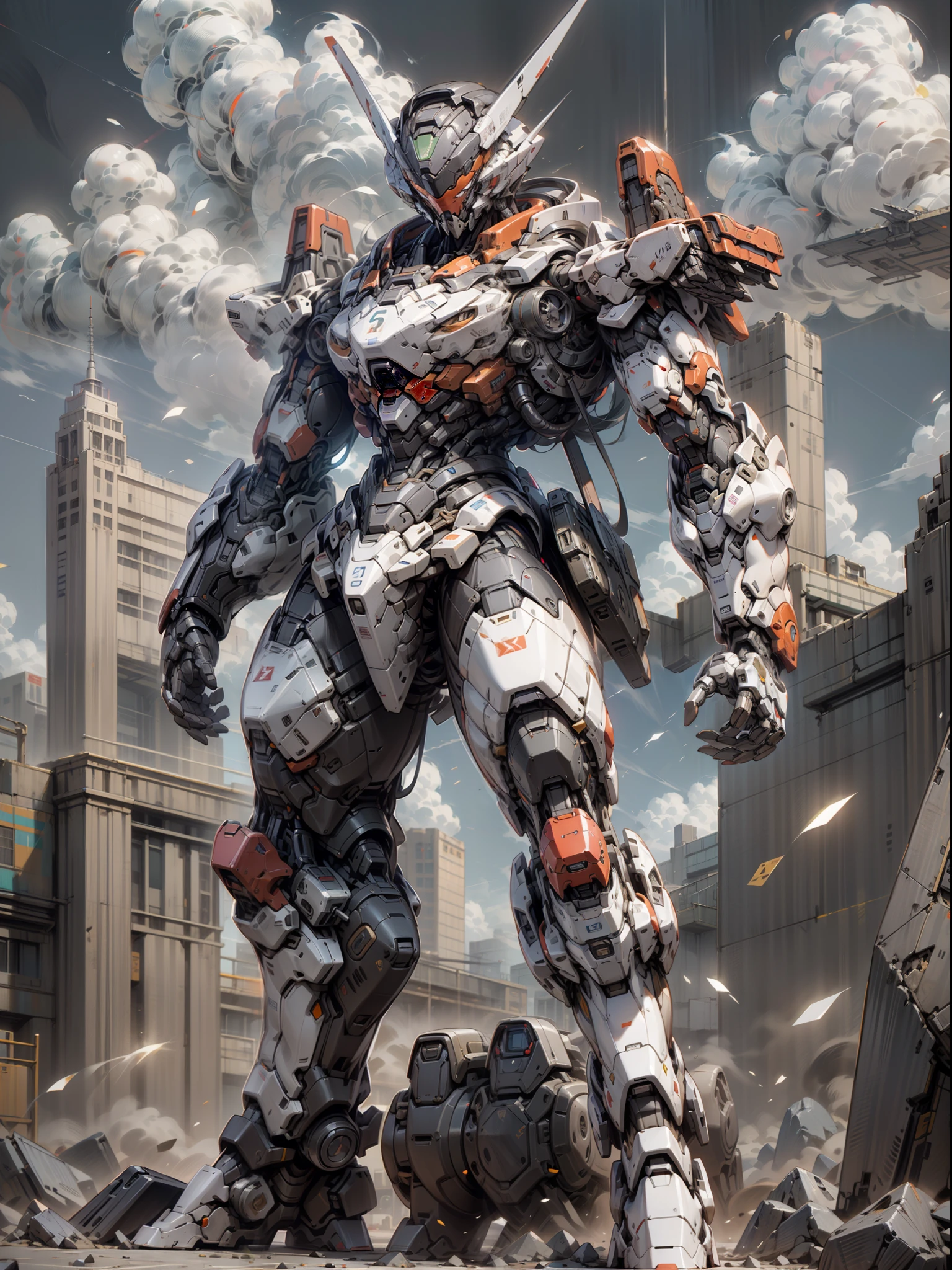 ((Best Quality)), ((Masterpiece)), (Very detailed: 1.3), 8K, cool painting, full of science fiction, red Megatron standing in the city, holding a heavy machine gun, Gatling machine gun, streamlined red armor, complex weapons and equipment behind it, Gundam humanoid mech, anime mech aesthetics, perfect body proportions, heads-up view, standing posture, military giant mech, missiles, rocks, futuristic technology, realism, dark clouds in the sky, dark war background, ray tracing, Light Particles, NVIDIA Trtx, Super Resolution, Unreal 5, Subsurface Scattering, Specular and Albedo Maps, Rule of Thirds, Large Aperture, Battle Stance, 8K Raw Data, High Efficiency Subpixels, Subpixel Convolution, Light Particle, Light Scattering, Tyndall Effect, Ray Tracing.