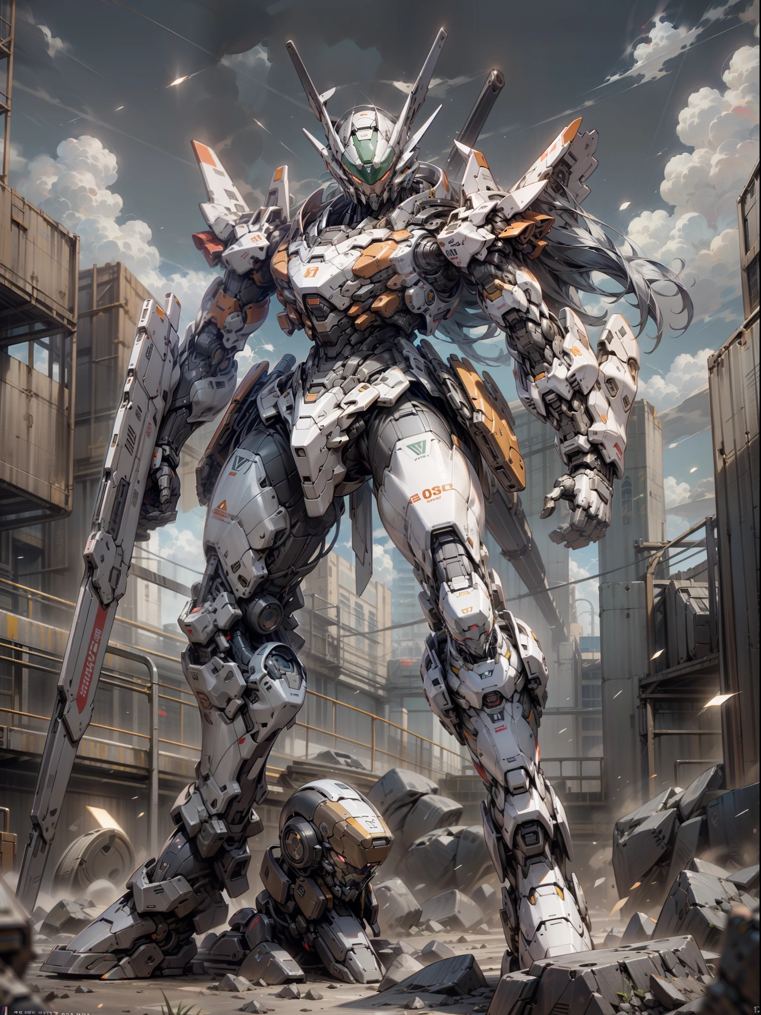 ((Best Quality)), ((Masterpiece)), (Very detailed: 1.3), 8K, cool painting, full of science fiction, red Megatron standing in the city, holding a heavy machine gun, Gatling machine gun, streamlined red armor, complex weapons and equipment behind it, Gundam humanoid mech, anime mech aesthetics, perfect body proportions, heads-up view, standing posture, military giant mech, missiles, rocks, futuristic technology, realism, dark clouds in the sky, dark war background, ray tracing, Light Particles, NVIDIA Trtx, Super Resolution, Unreal 5, Subsurface Scattering, Specular and Albedo Maps, Rule of Thirds, Large Aperture, Battle Stance, 8K Raw Data, High Efficiency Subpixels, Subpixel Convolution, Light Particle, Light Scattering, Tyndall Effect, Ray Tracing.