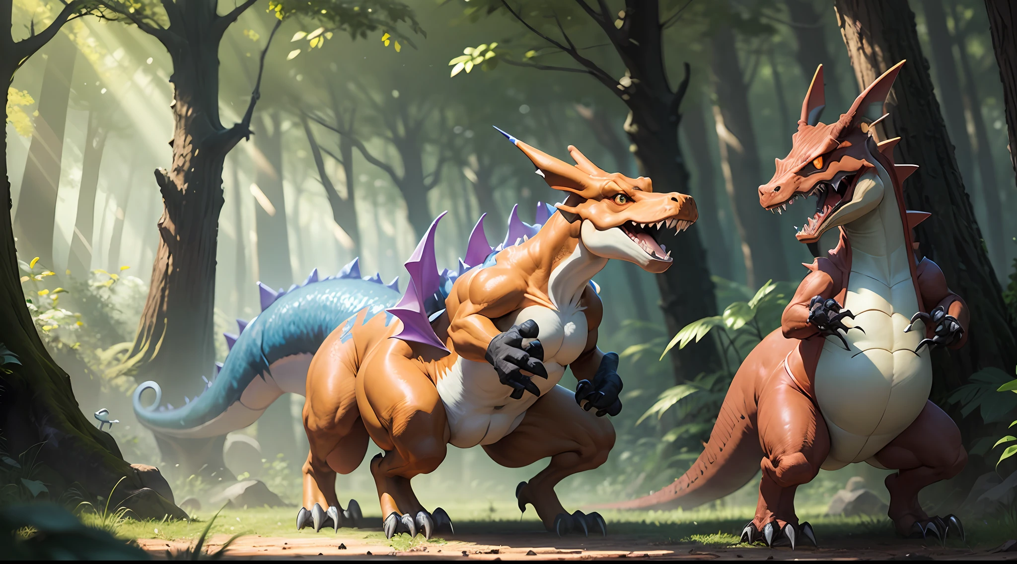charizard in a forest fightning a t rex in the ancient times