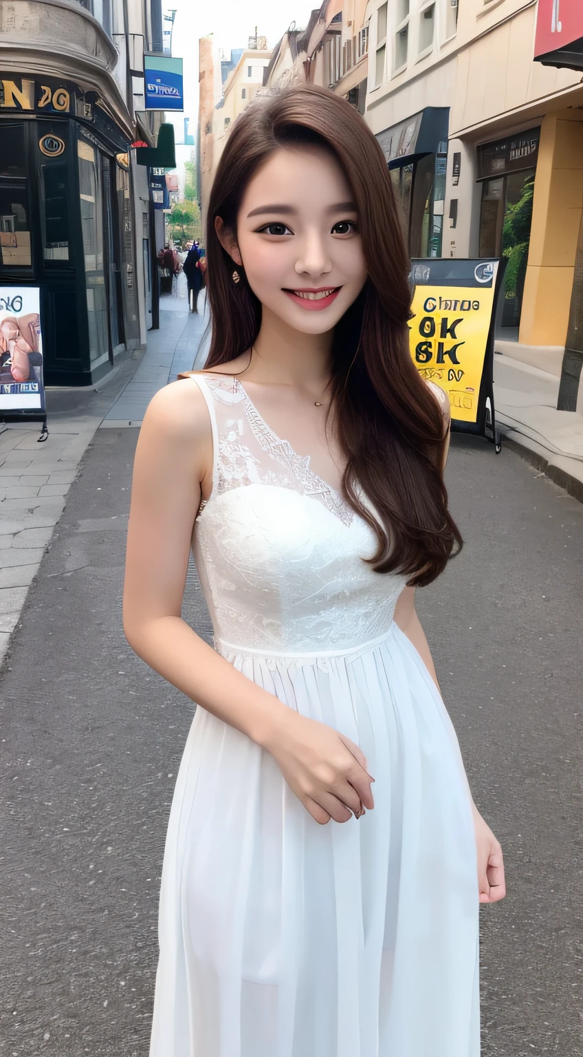 ((Best quality, 8k, Masterpiece :1.3)), 1girl, smiling, full body, slim face, Pretty woman, (Dark brown hair), full length dress :1.1, Ultra-detailed face, Detailed eyes, Double eyelid,  blur background, slim face, city, outside, street,