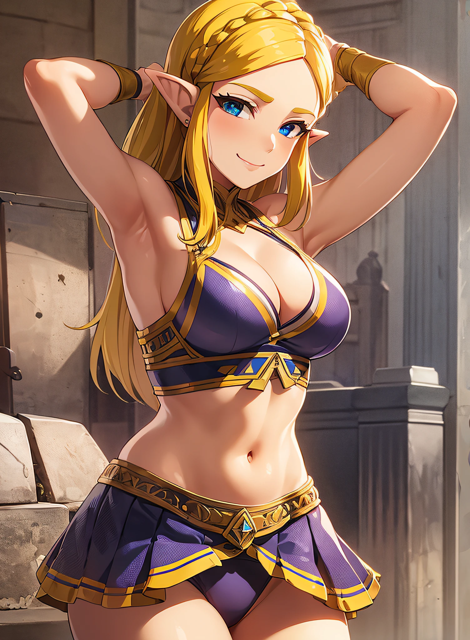 zelda\(princess\), 1girl, solo, large breasts, cleavage, seductive smile, pose, lingerie, cheerleader, bare arms, skinny, young teen, 15 year old, blonde hair