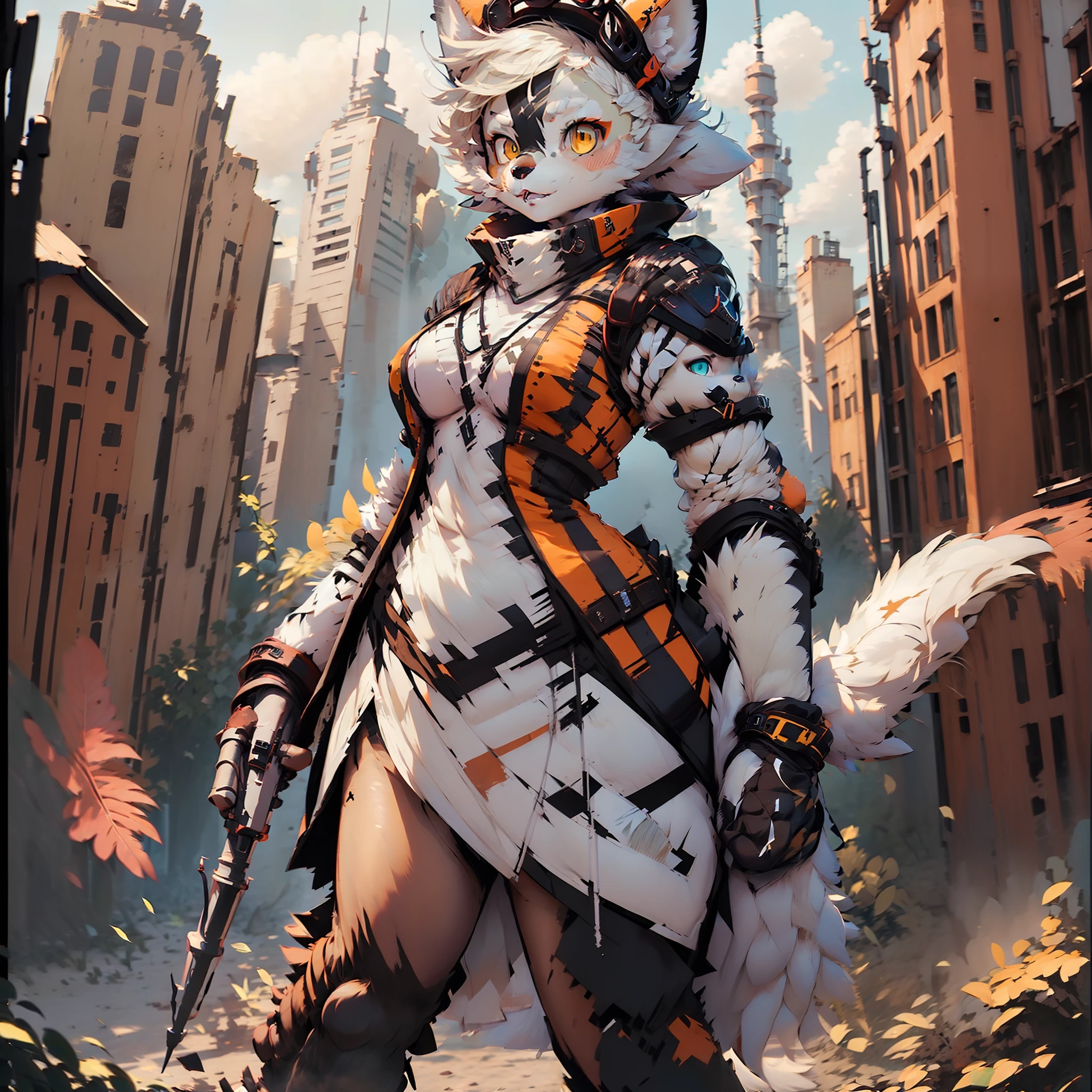 (1 girl :1.5) , in clothes like 2B, mechanized steel arms, (furries: 1.8), yellow bright eyes