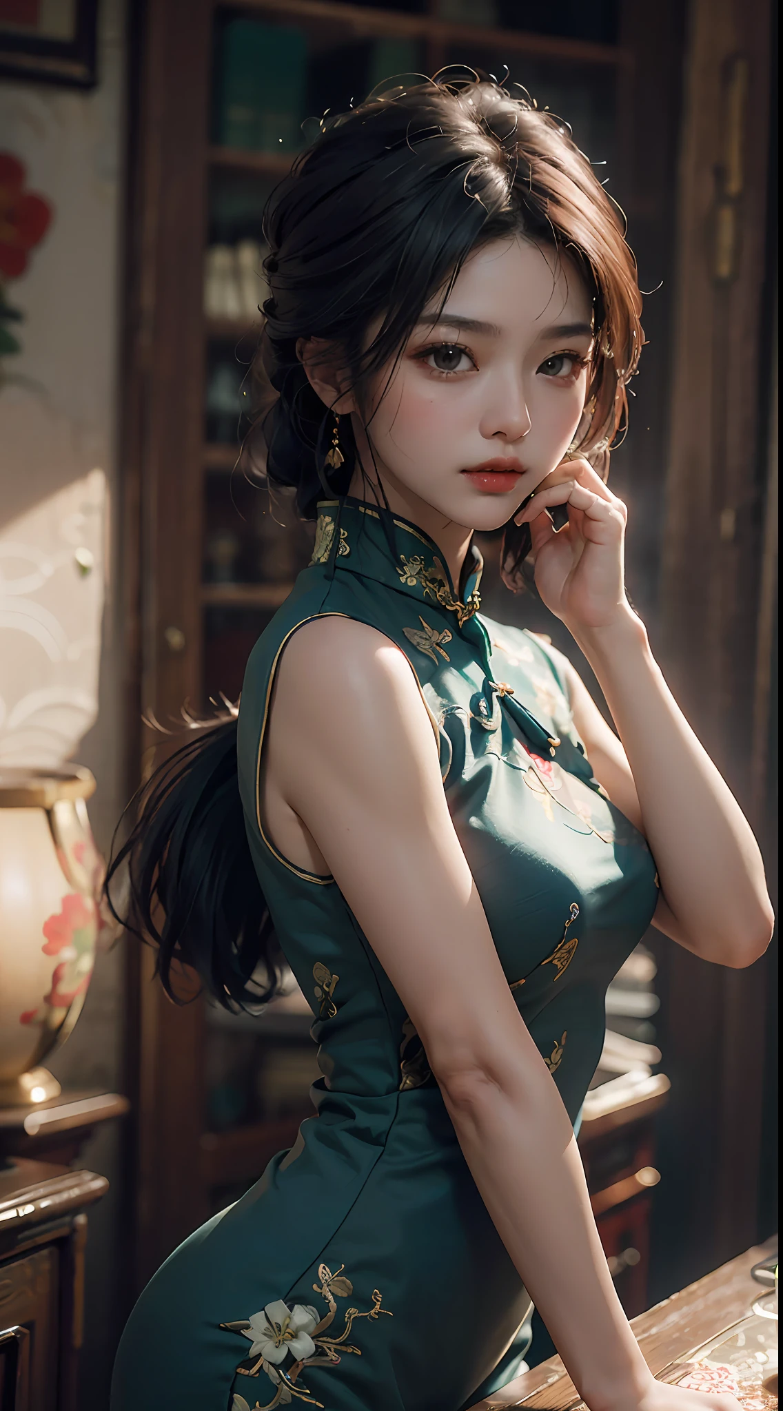 Best quality, (RAW Photo: 1.2), (Masterpiece: 1.4), (Realistic: 1.4), (High resolution: 1.4), Chinese actress Guli Naza, depth of field, intricate details, 8k, very detailed, perfect lighting, epic background, cheongsam