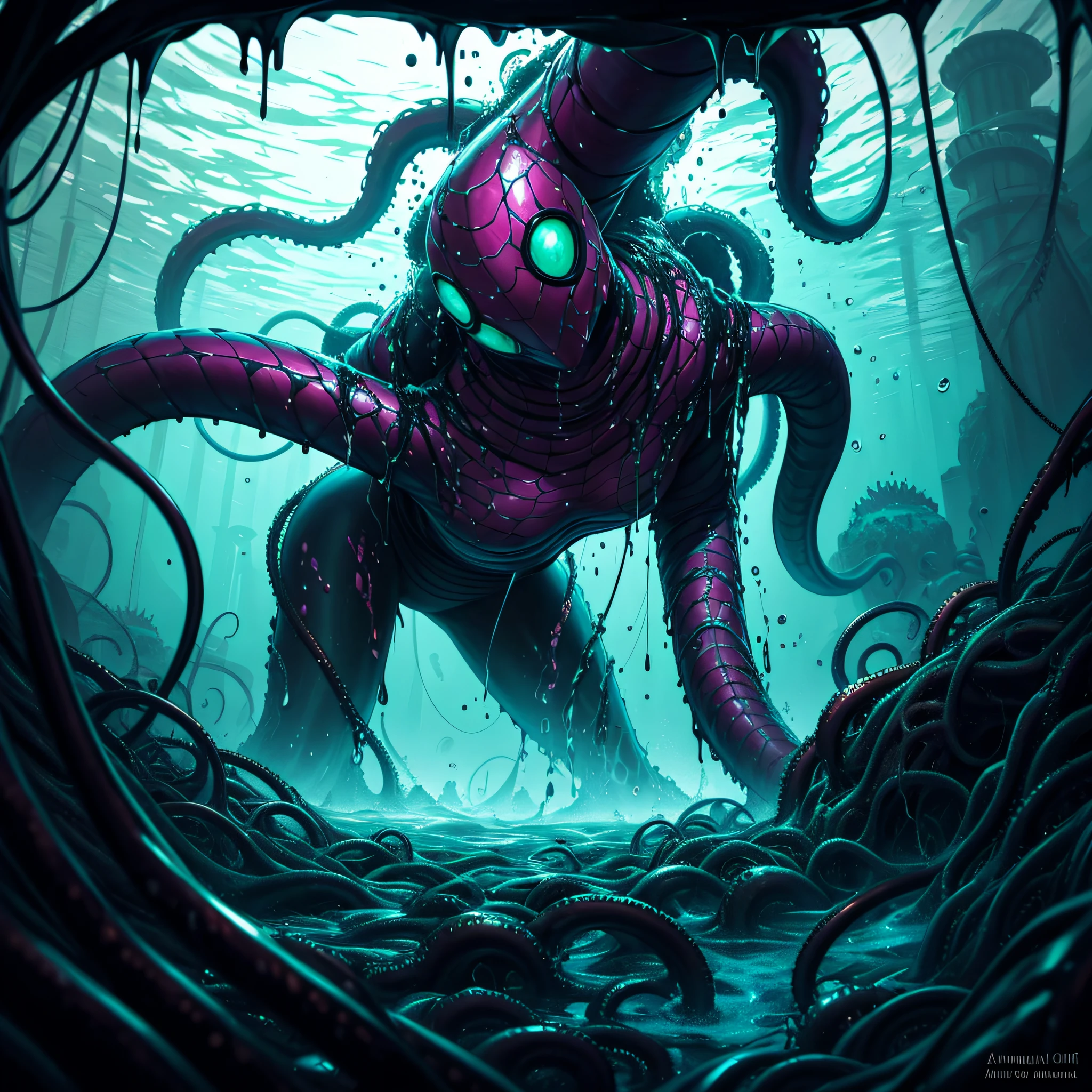 A hyper-realistic painting of metallic Arlequine, submerged in a sea of black goo and cables, desperately trying to escape a web of tentacles and venomous goo, with a backdrop of luxury and green. Rendered in the style of Arlequine --auto