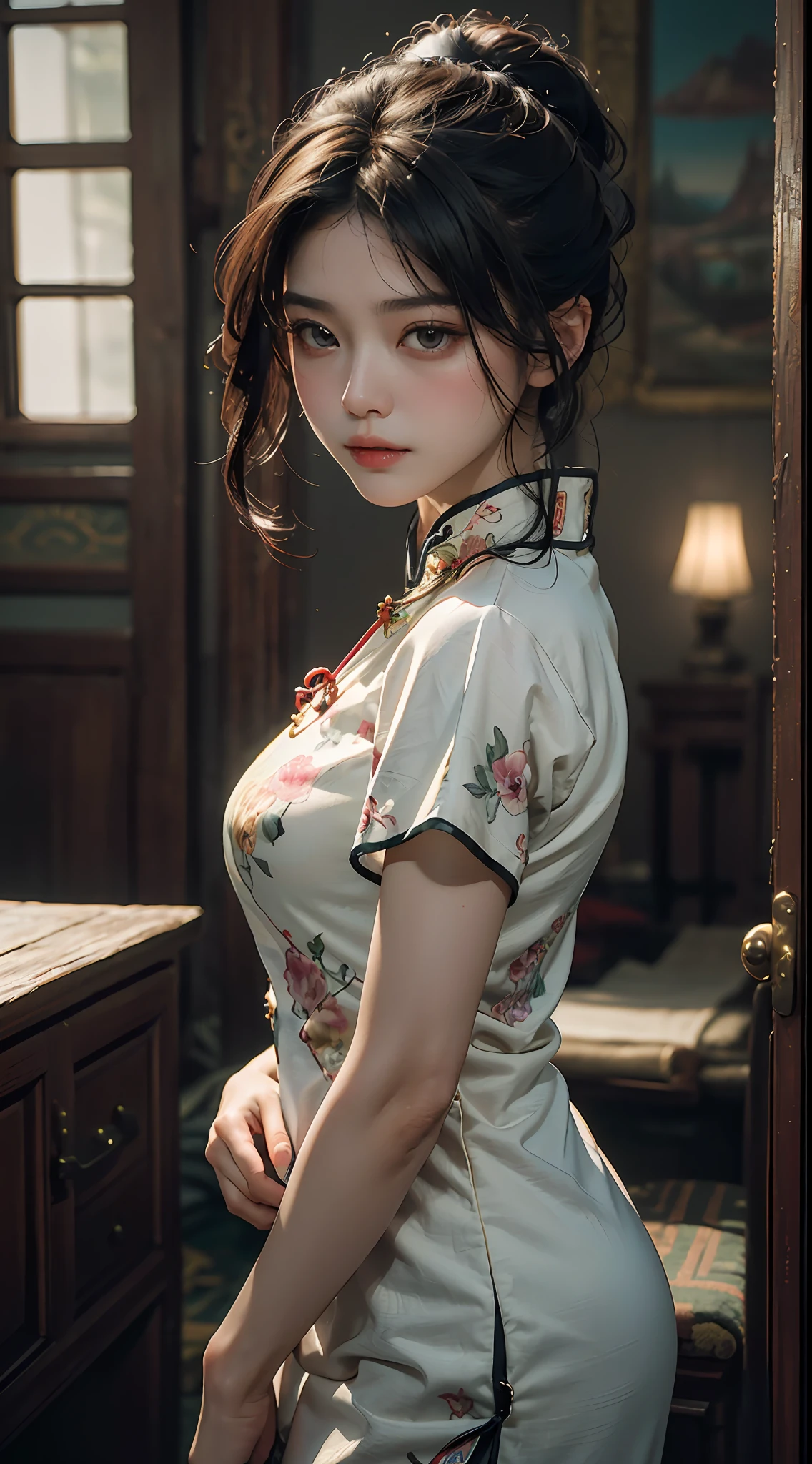 Best quality, (RAW Photo: 1.2), (Masterpiece: 1.4), (Realistic: 1.4), (High resolution: 1.4), Chinese actress Guli Naza, depth of field, intricate details, 8k, very detailed, perfect lighting, epic background, cheongsam