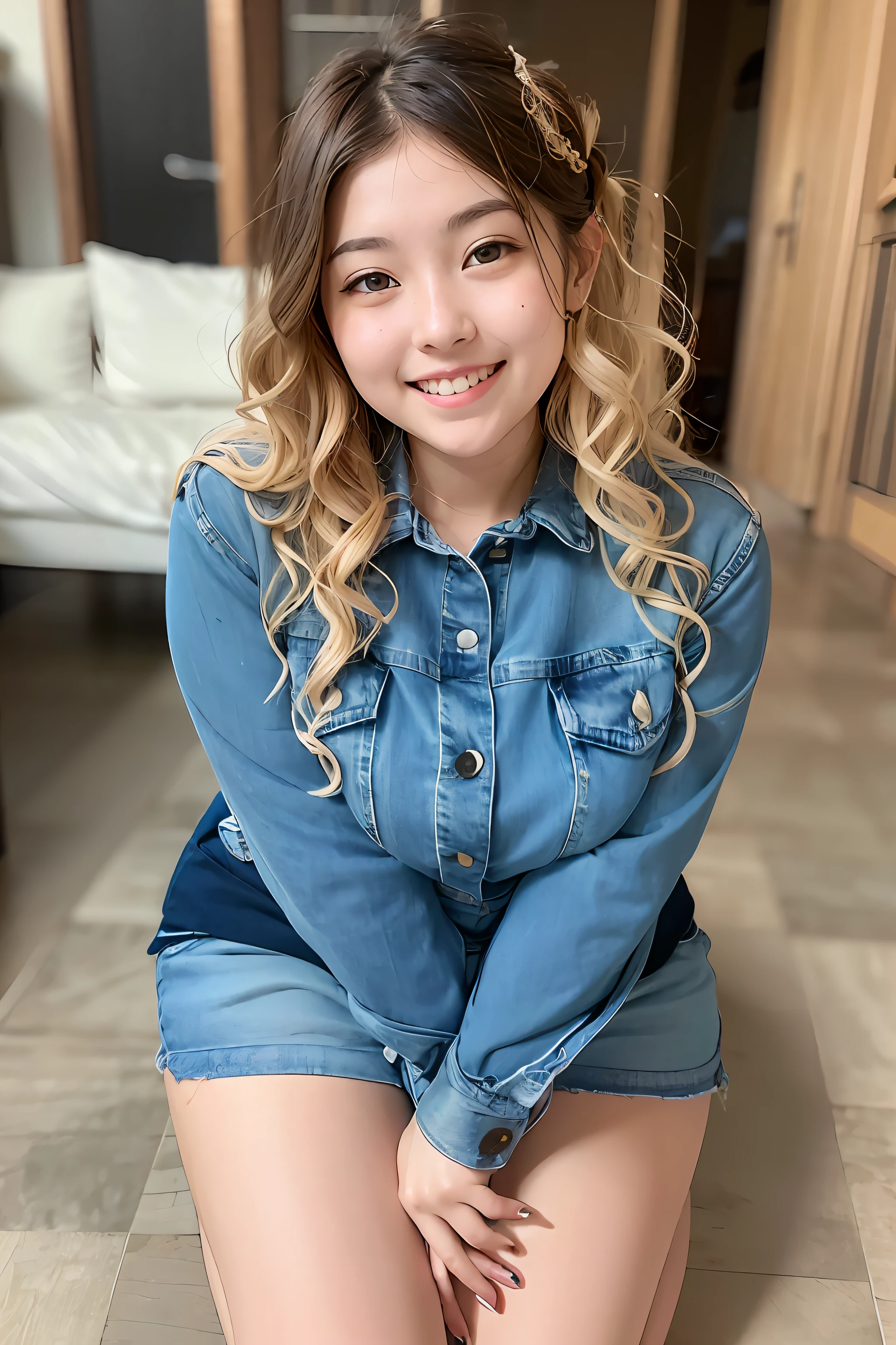 arafed woman in denim shirt and shorts sitting on the floor, pokimane, young and cute girl, cute young woman, cute young girl, korean girl, gorgeous young korean woman, good young girl, beautiful young korean woman, beautiful young girl, gorgeous young model, lovely smile, captured on canon eos r 6, young and cute, a cute young woman